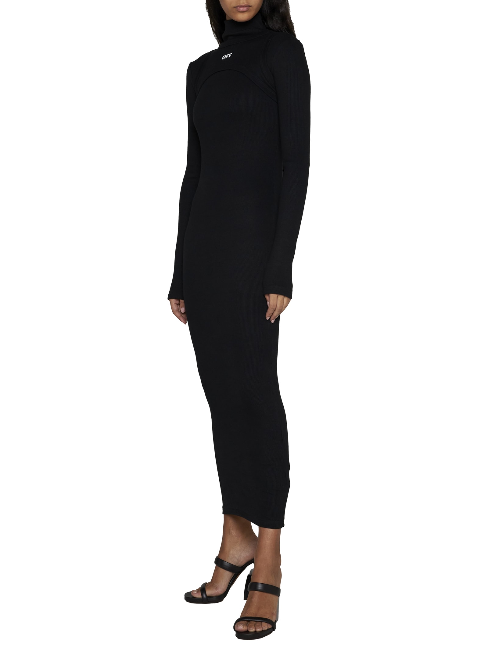 Off-white Ribbed Texture Midi Dress With High Neckline In Black White