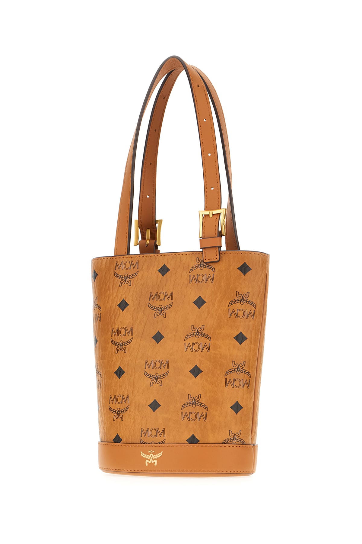 Shop Mcm Printed Synthetic Leather Handbag In Cognac