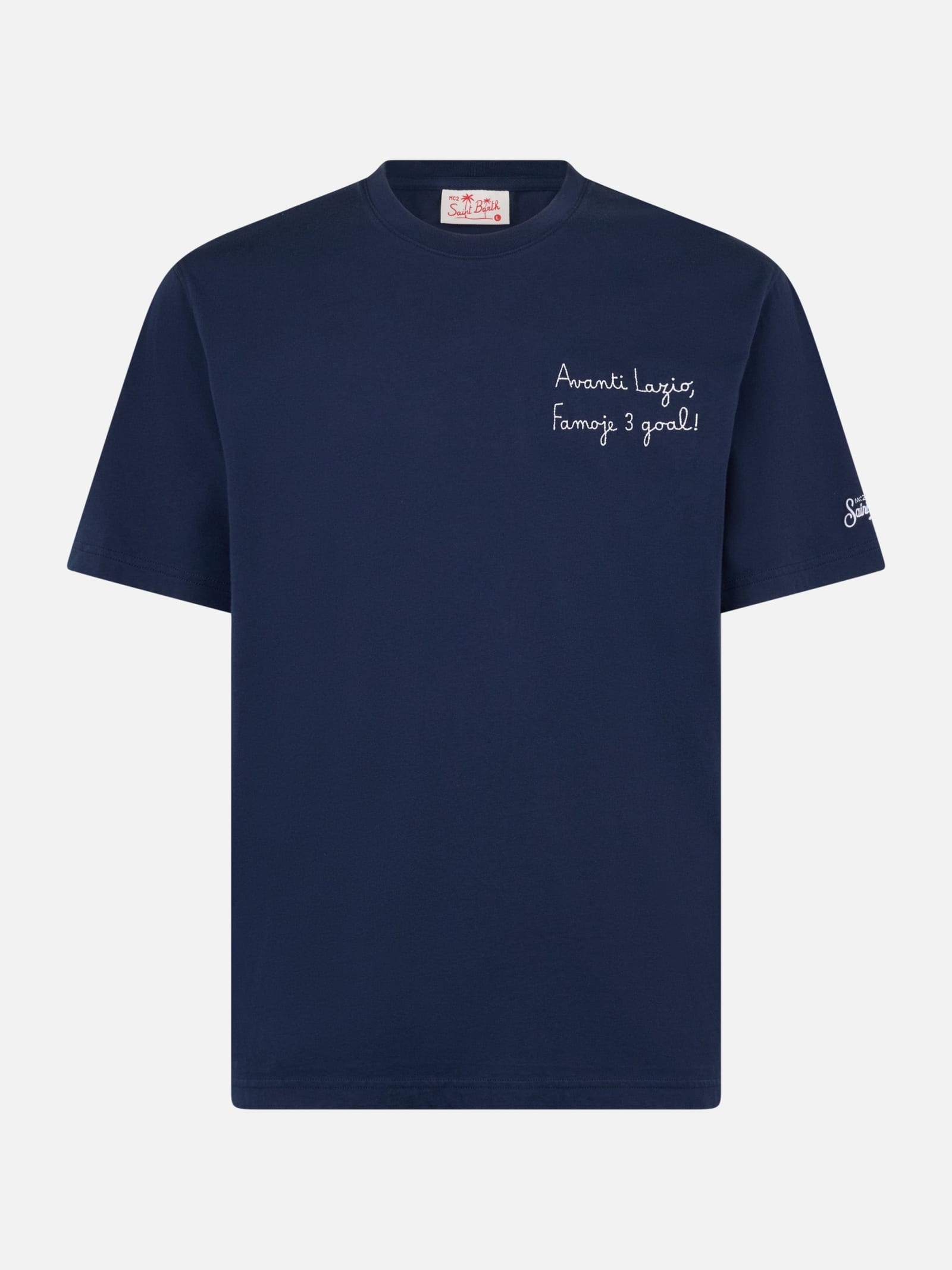 Shop Mc2 Saint Barth Man Cotton T-shirt With Avanti Lazio, Famoje 3 Goal! Embroidery Ss Lazio Special Edition In Blue