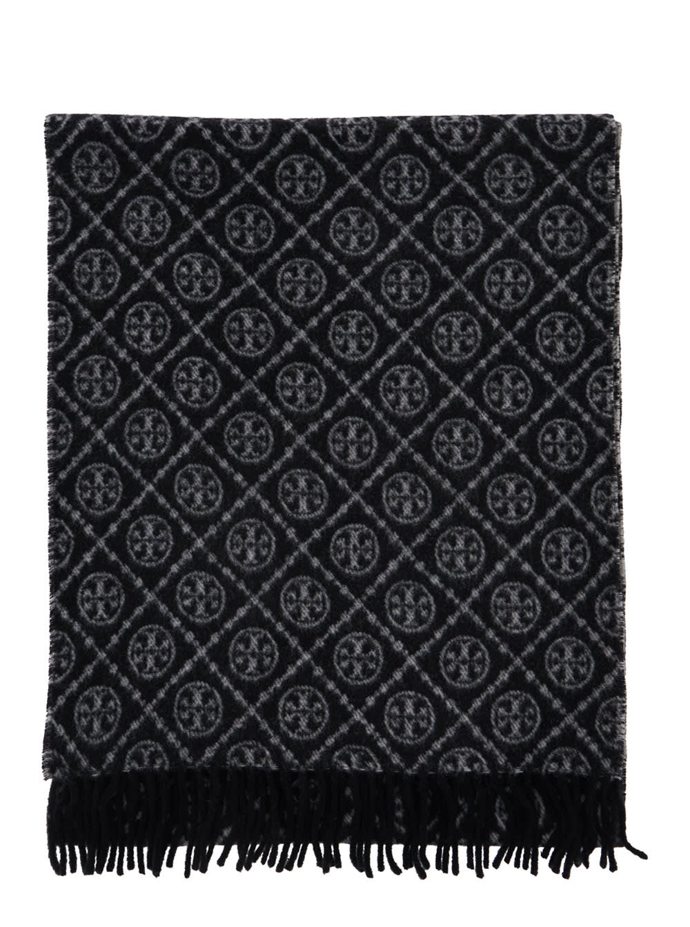 Tory Burch Black Scarf With All-over T Motif Monogram And Fringed Edges In Wool Woman In Black