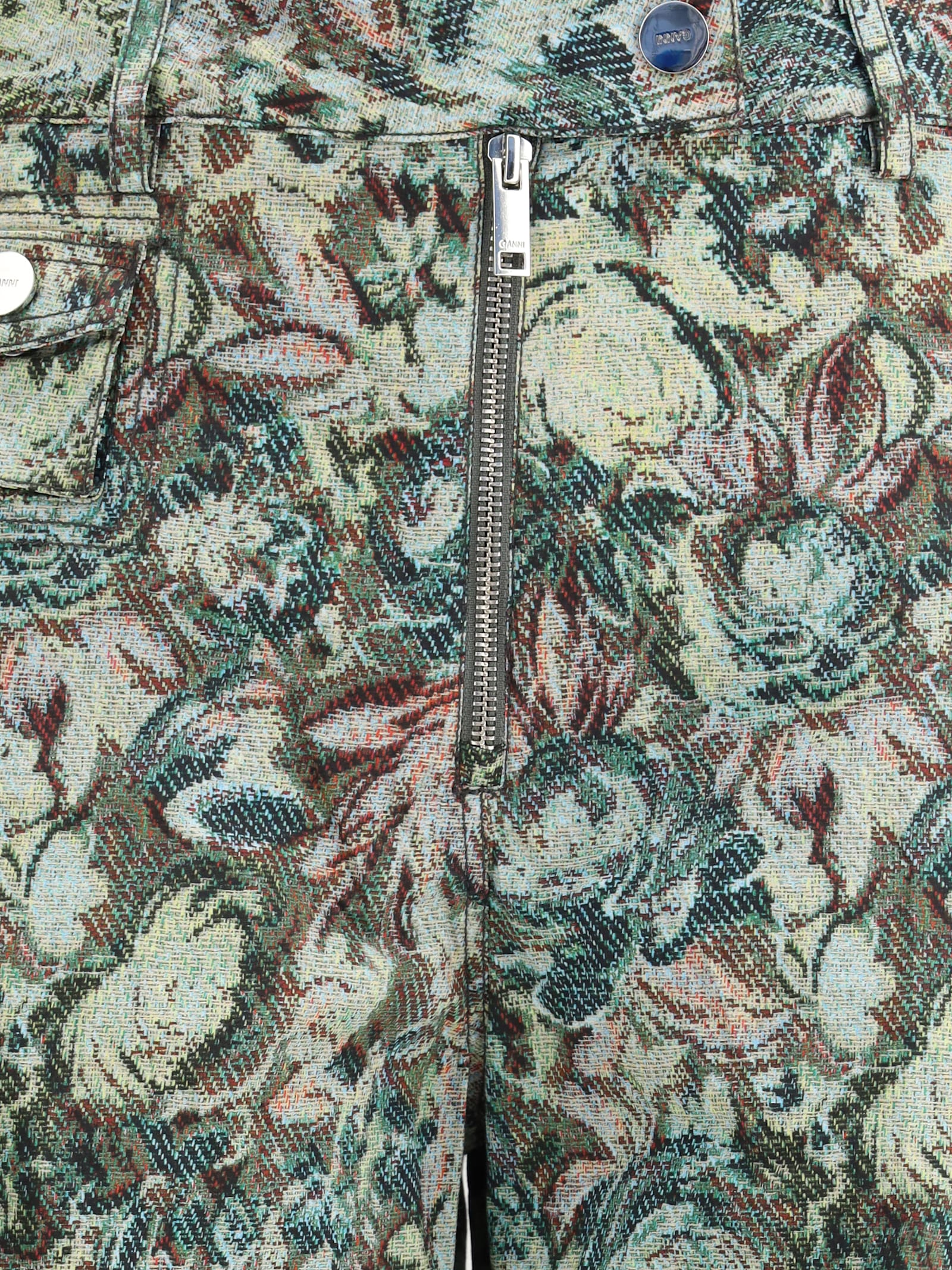 Ganni Women Printed Stretched Cotton Pants In Green