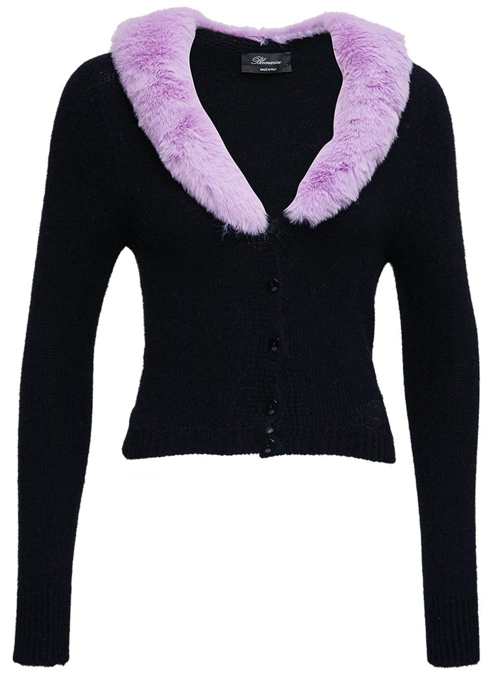 Blumarine Black Knitted Cardigan With Lilac Synthetic Fur Neckline