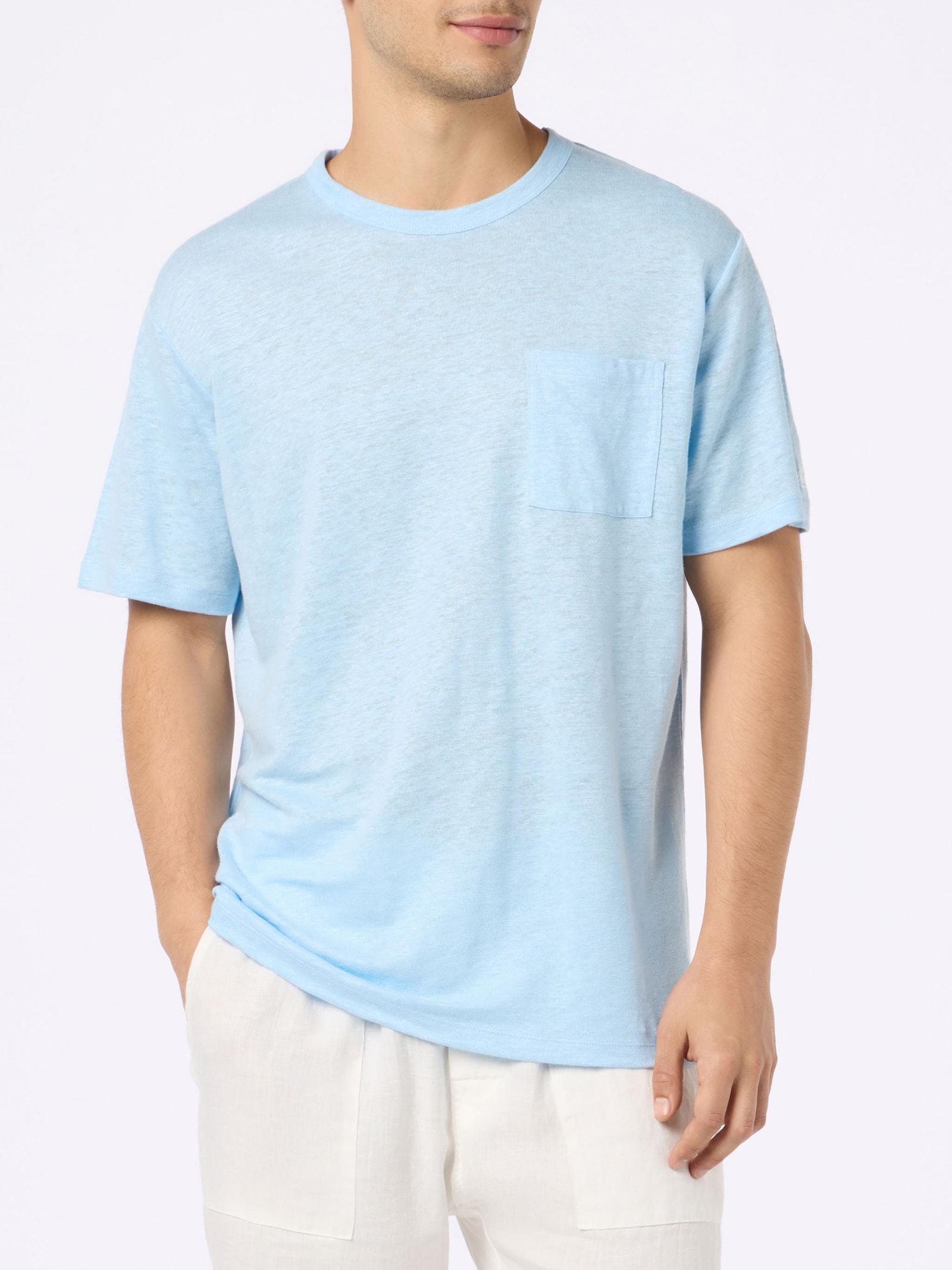 Shop Mc2 Saint Barth Man Light Blue Linen Jersey T-shirt Ecstasea With Pocket In Sky