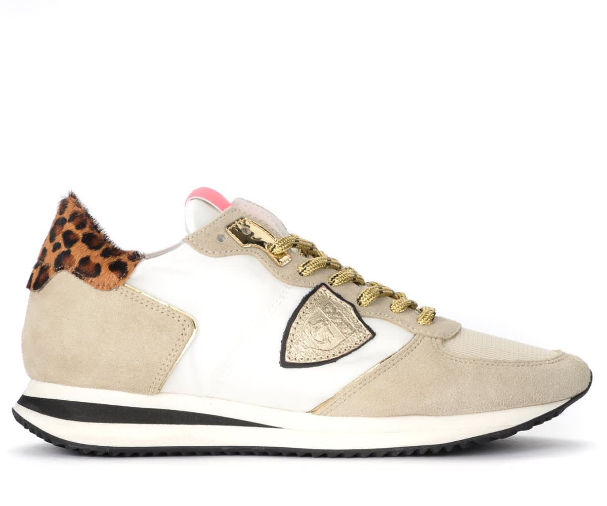 Sneaker Philippe Model Tropez Mondial White And Beige With Animal-print