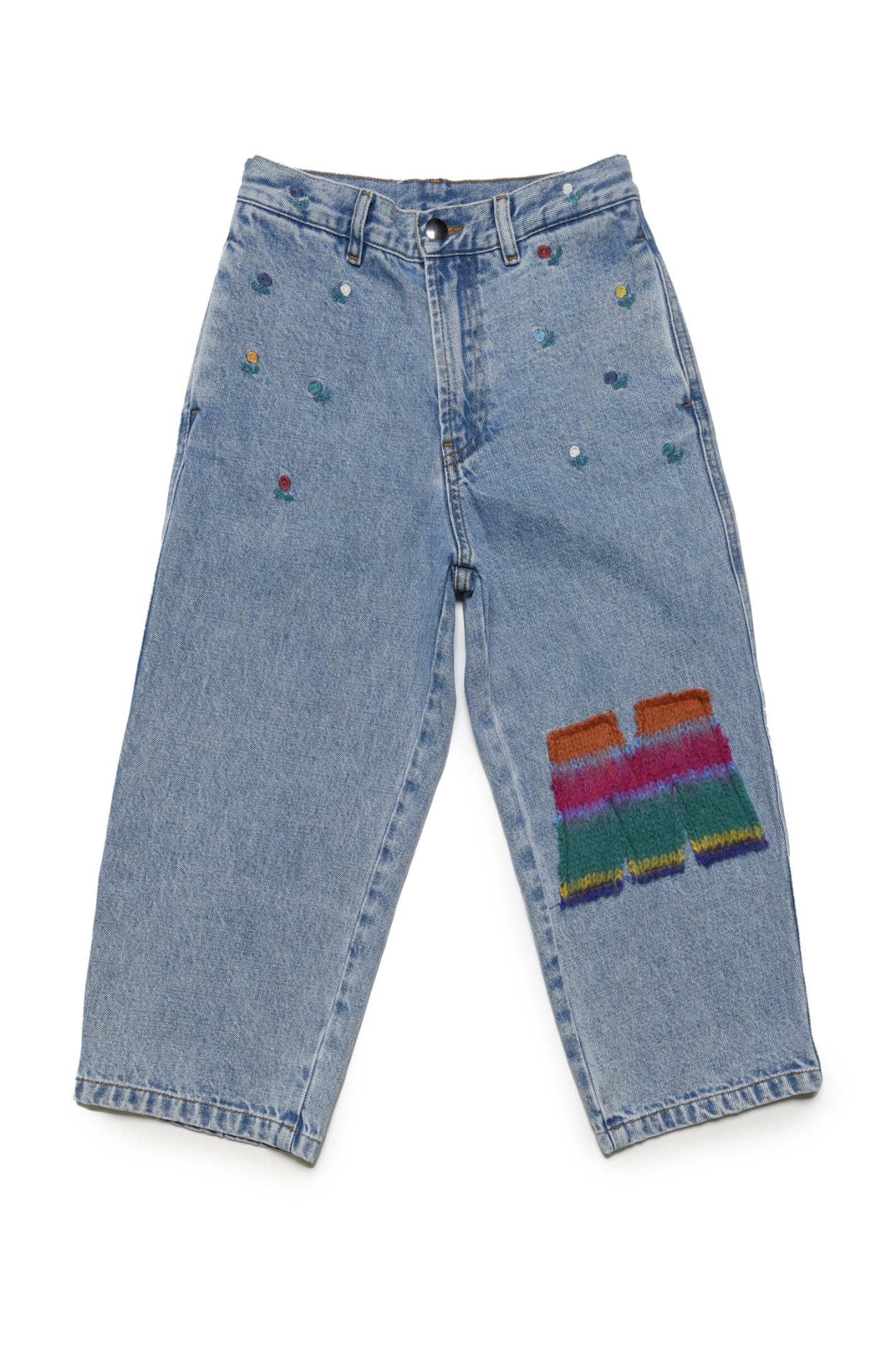 MARNI MP121F TROUSERS MARNI LIGHT BLUE JEANS PANTS WITH EMBROIDERED FLOWERS AND PATCHES
