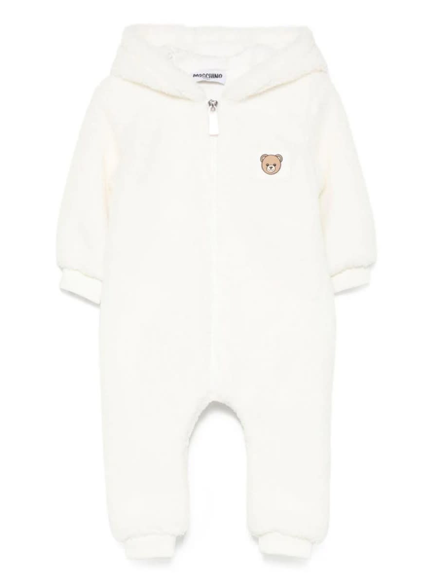 Moschino Ivory Faux Fur Coat For Babykids With Teddy Bear In Neutral