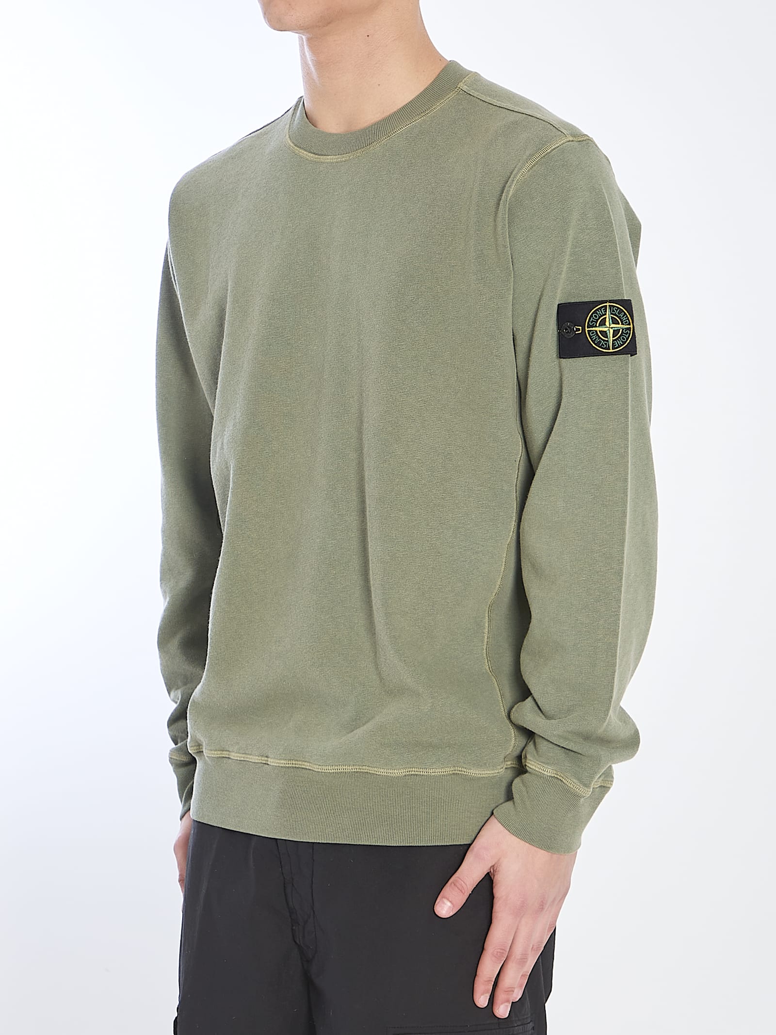 Stone Island Green Crewneck Sweatshirt With Logo Patch On The Sleeve In Cotton Man In Green