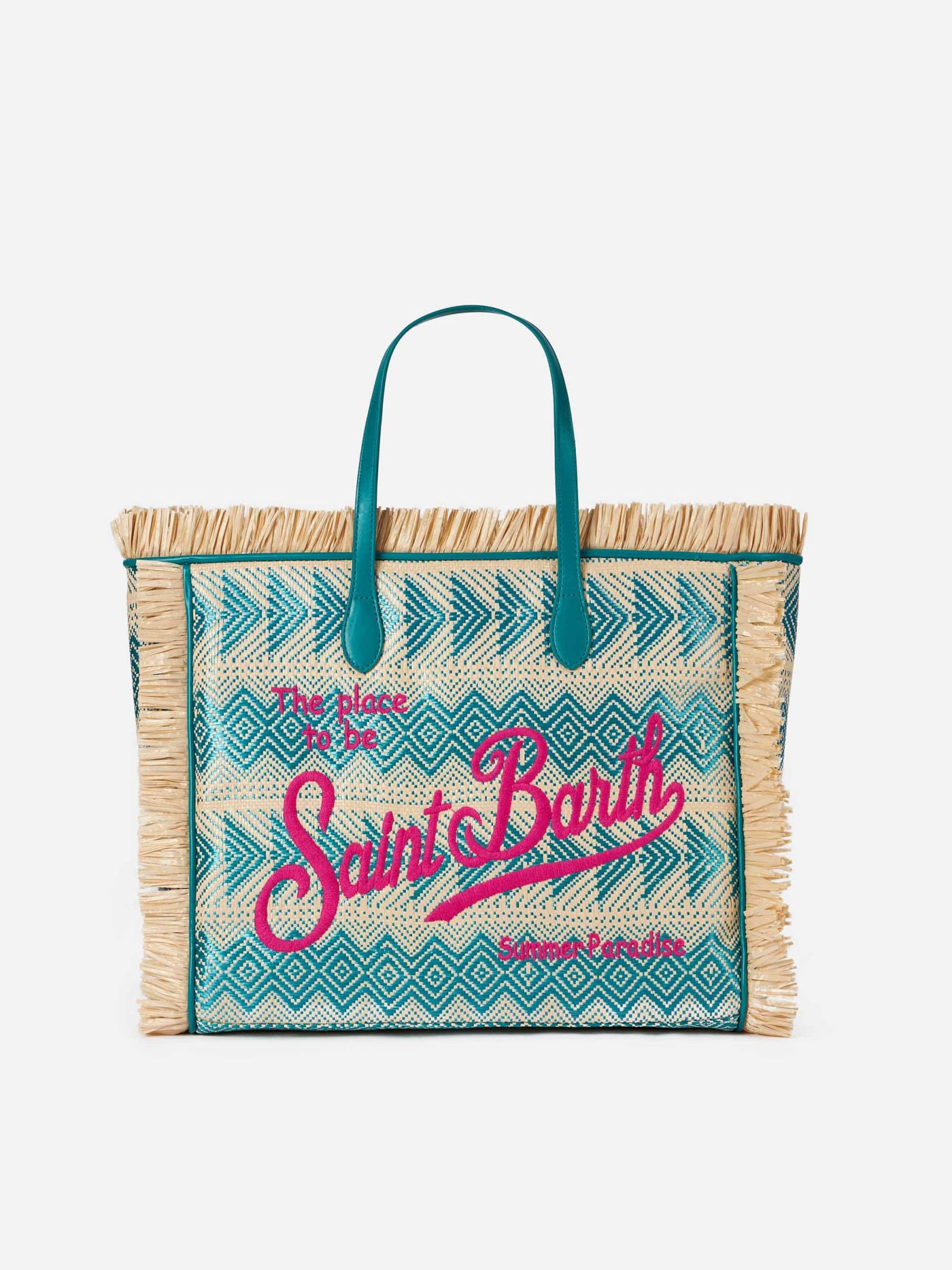 Mc2 Saint Barth Vanity Straw Bag With Embroidery And Geometric Pattern In Sky