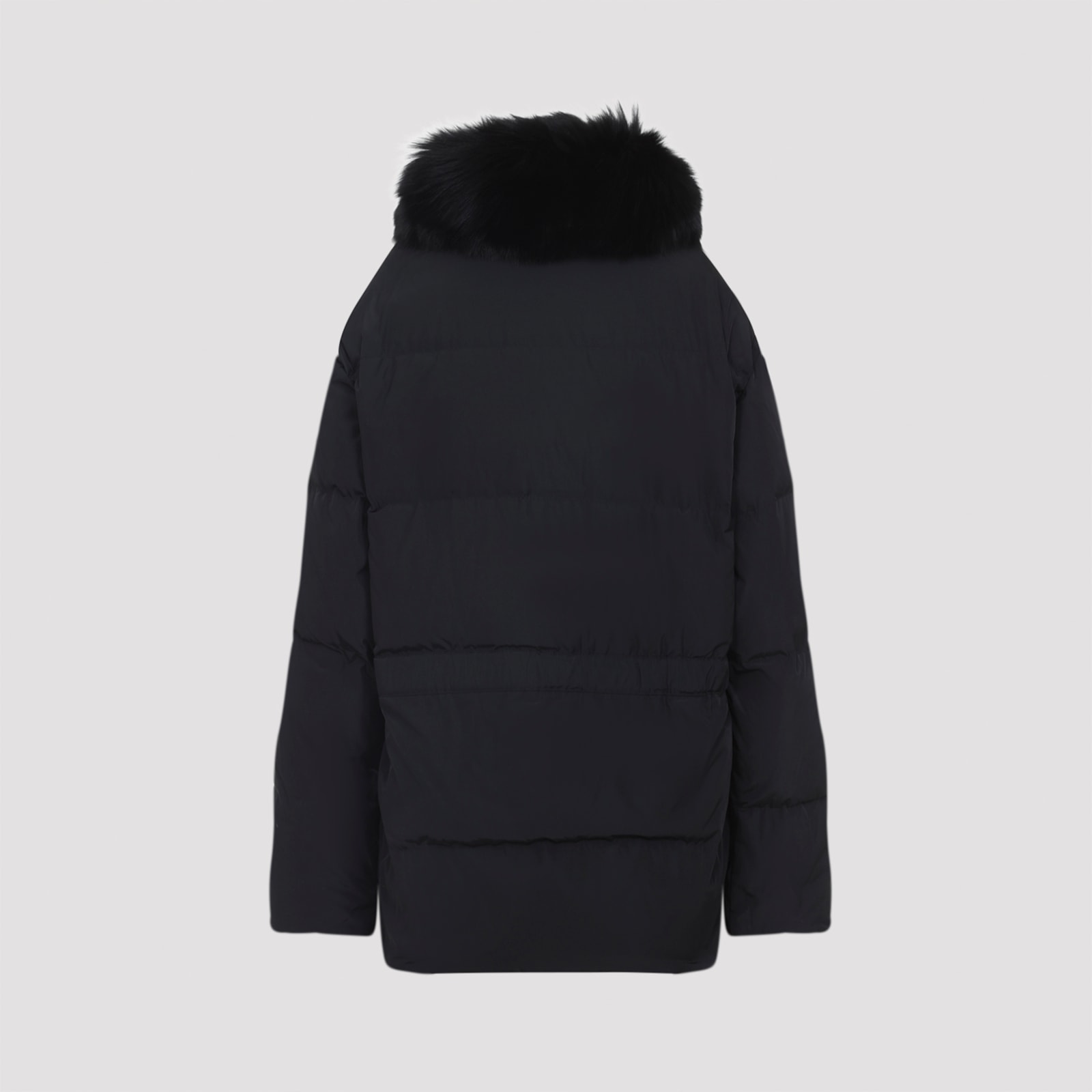 Yves Salomon Doudoune Short Down Jacket With Fur Inserts And Belt In Black