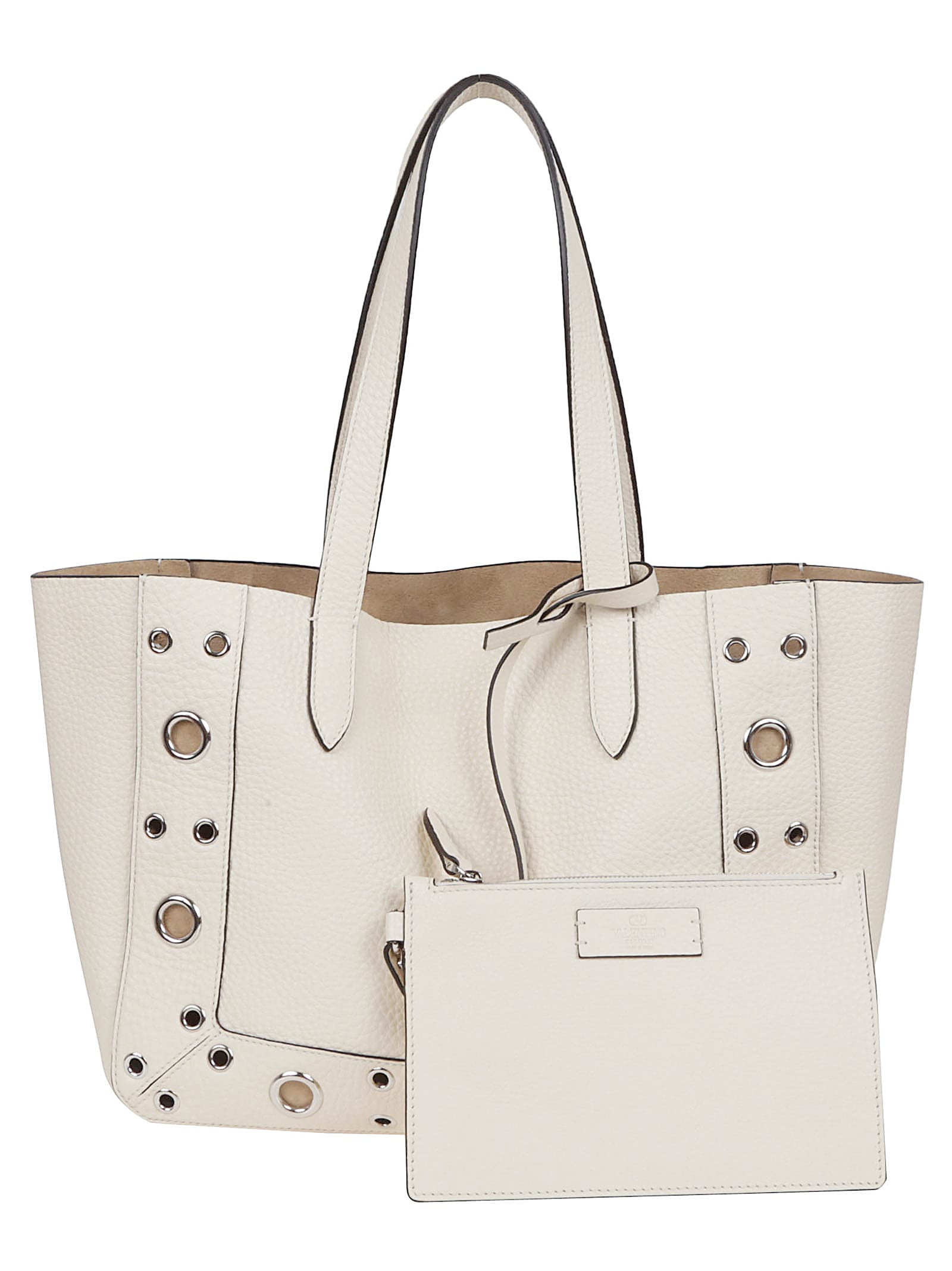 Valentino Garavani Medium Textured Leather Tote With Ball Studs And Signature Logo In White