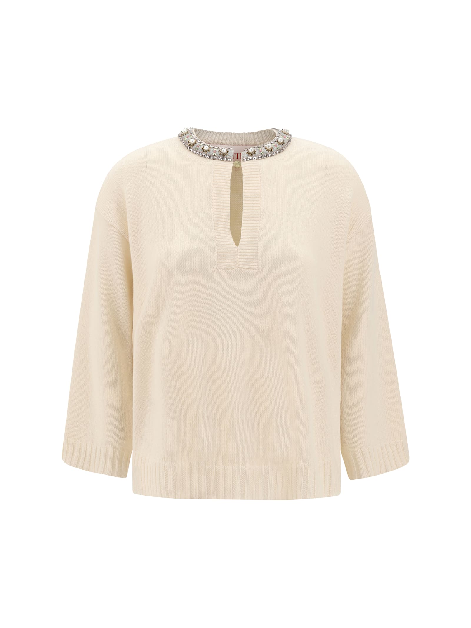 Valentino Jewel Neck Sweater In Betulla