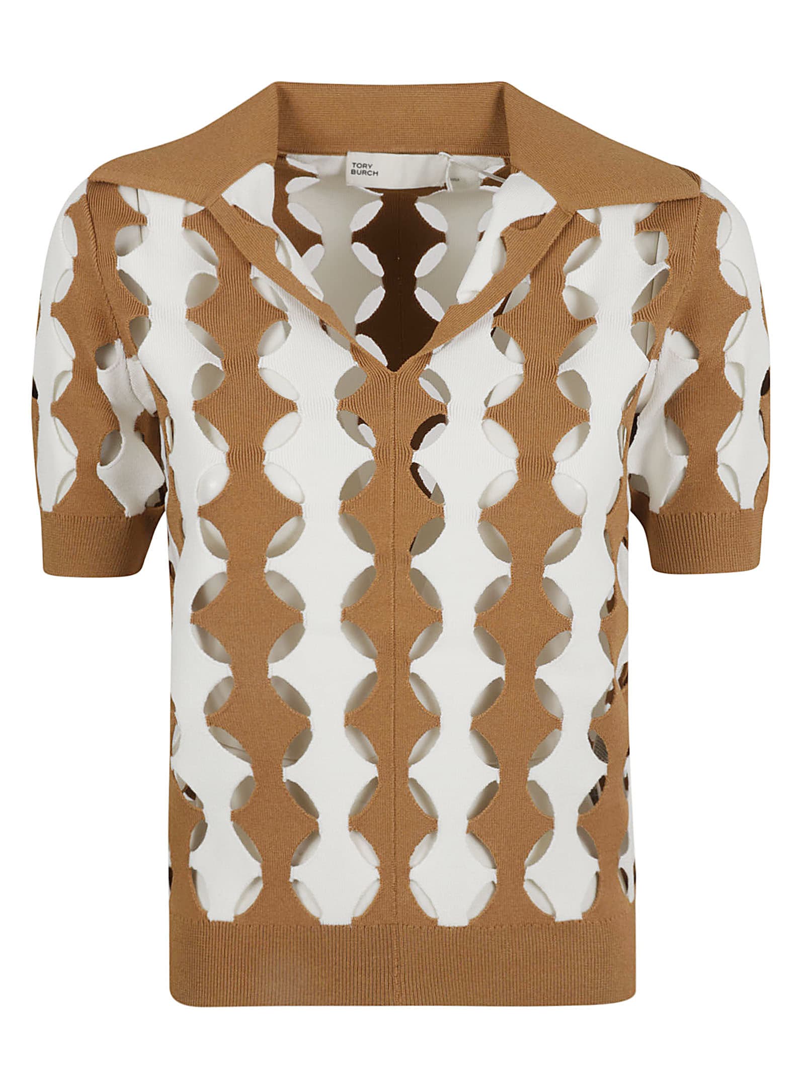 Shop Tory Burch Cut-out Polo Shirt In Golden Maple/soft White