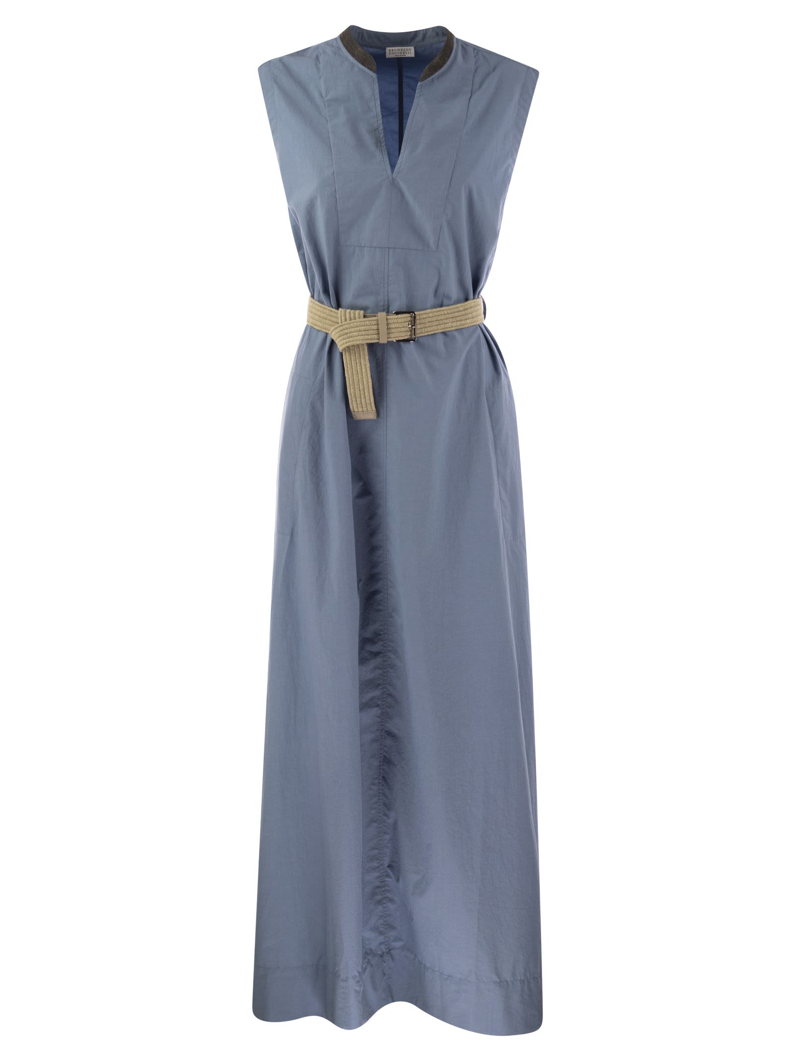 Wrinkled Light Cotton Poplin Dress With Raffia Belt And Precious Neckline
