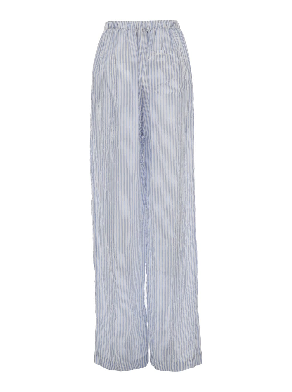 Shop Balenciaga Light Blue And White Striped Pants With Logo Lettering Embroidery In Cupro Woman