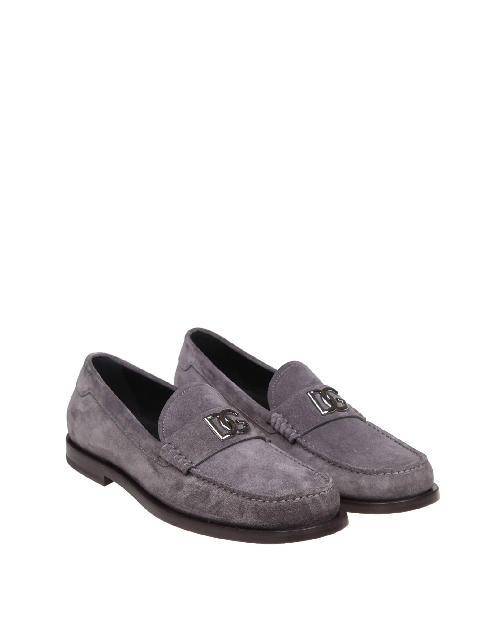 Shop Dolce & Gabbana Suede Loafers With Dg Logo In Grigio