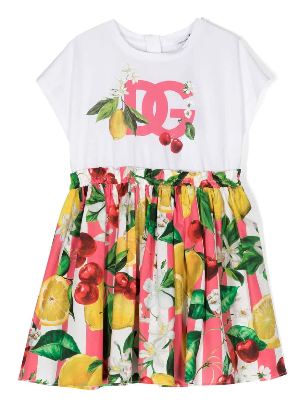 Shop Dolce & Gabbana Jersey And Poplin Dress With Lemon And Cherry Print In White