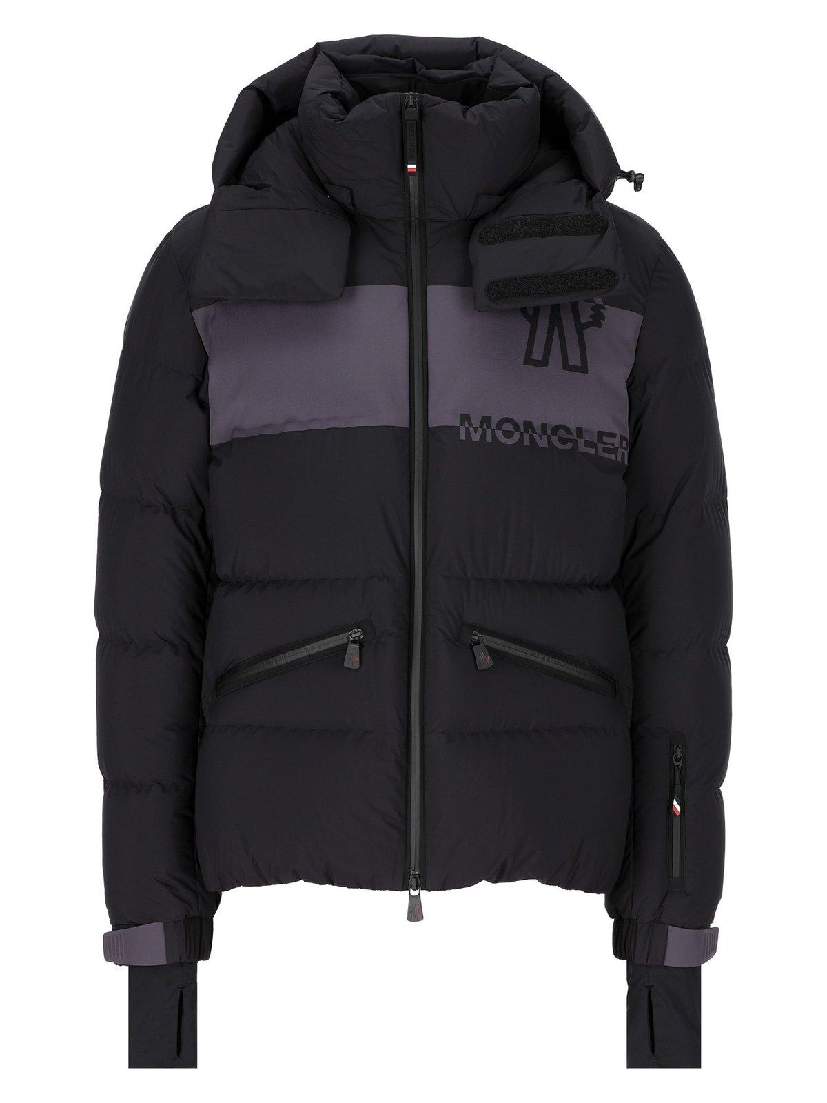 Shop Moncler Logo Printed Hooded Padded Jacket In Black