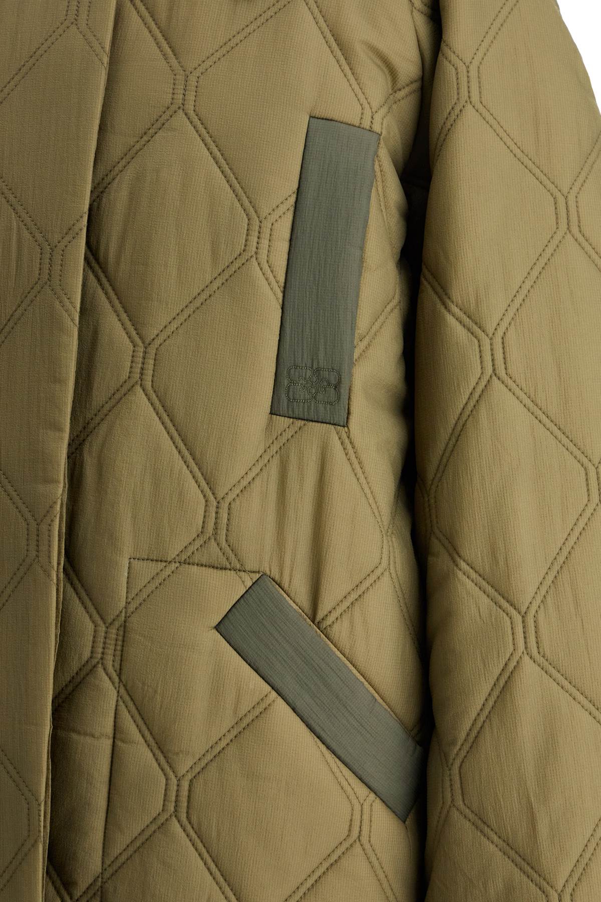 Shop Ganni Long Quilted Padded Coat In Kalamata (khaki)