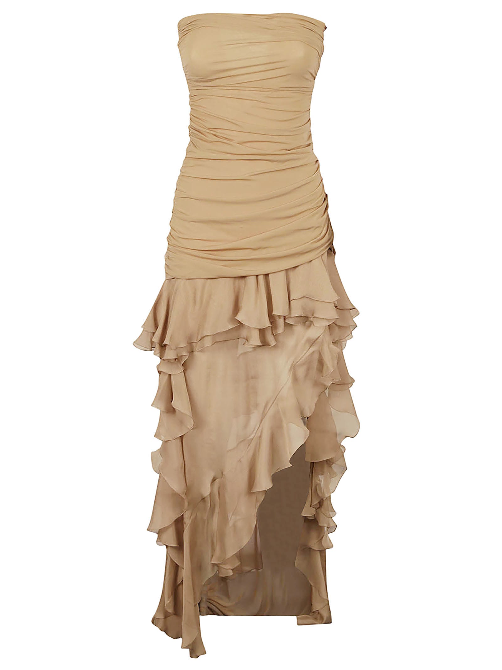 Shop Blumarine Asymmetric Ruffled Off-shoulder Dress In Almond