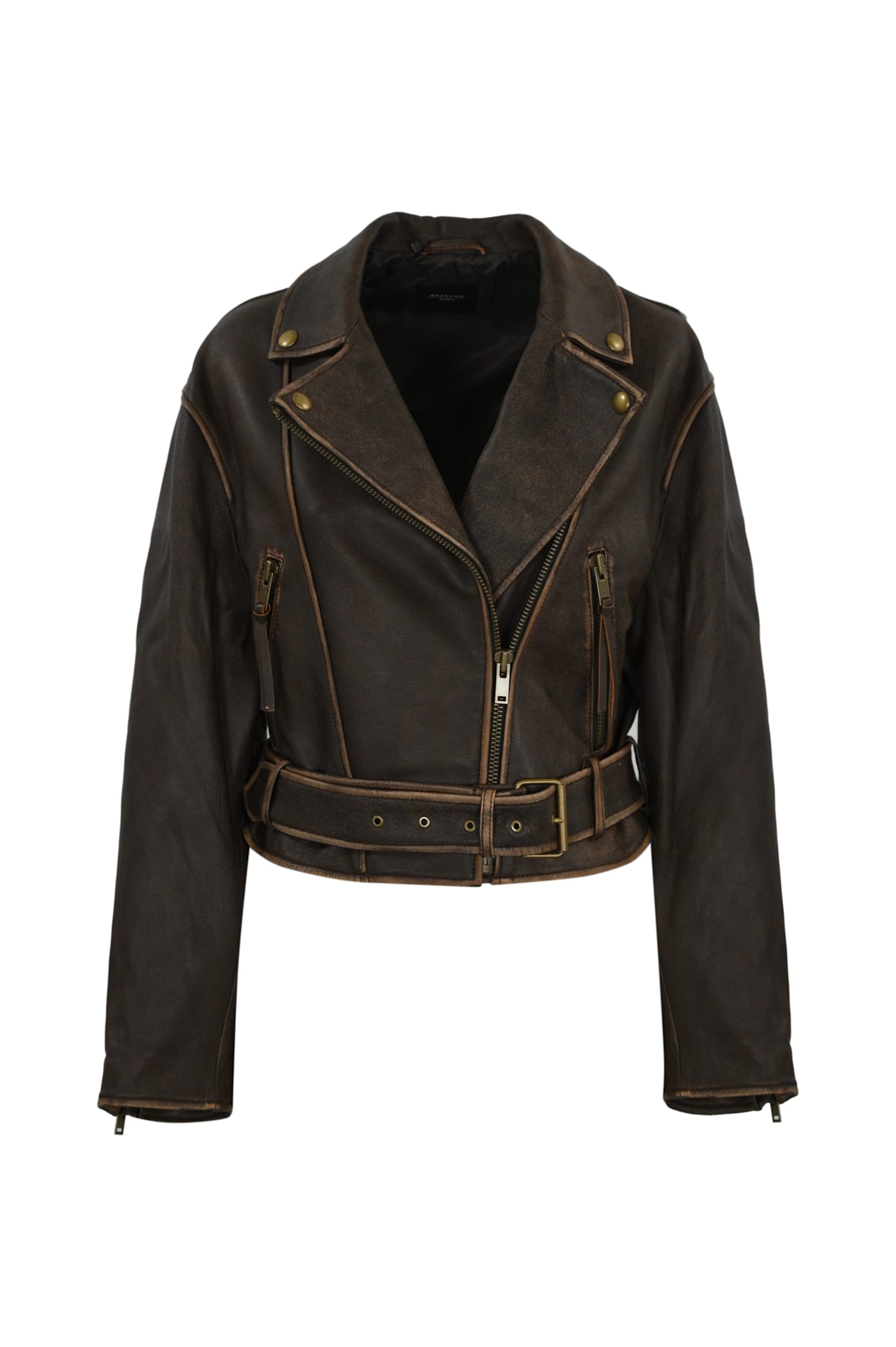 Shop Weekend Max Mara Saletta Leather Biker Jacket In Testa Moro