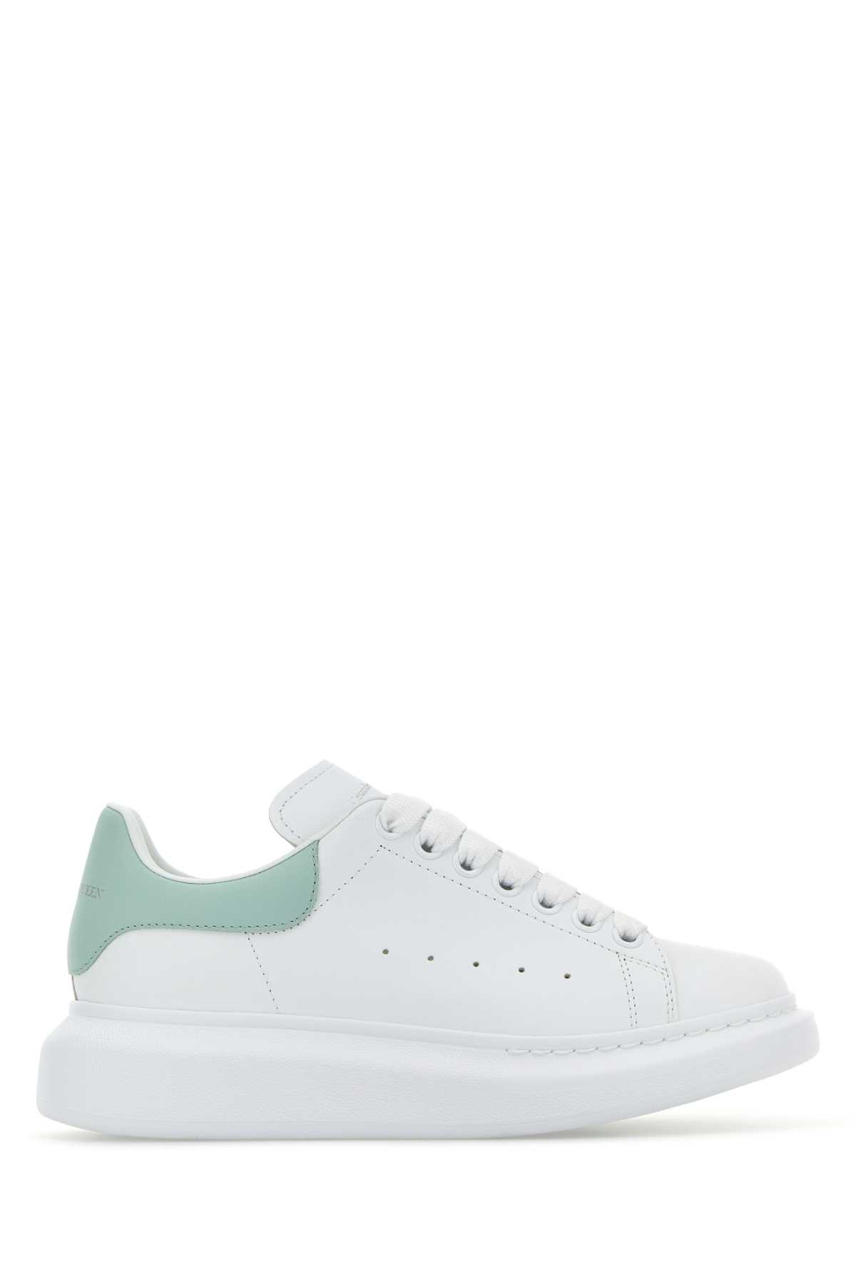 White Leather Sneakers With Sea Green Leather Heel