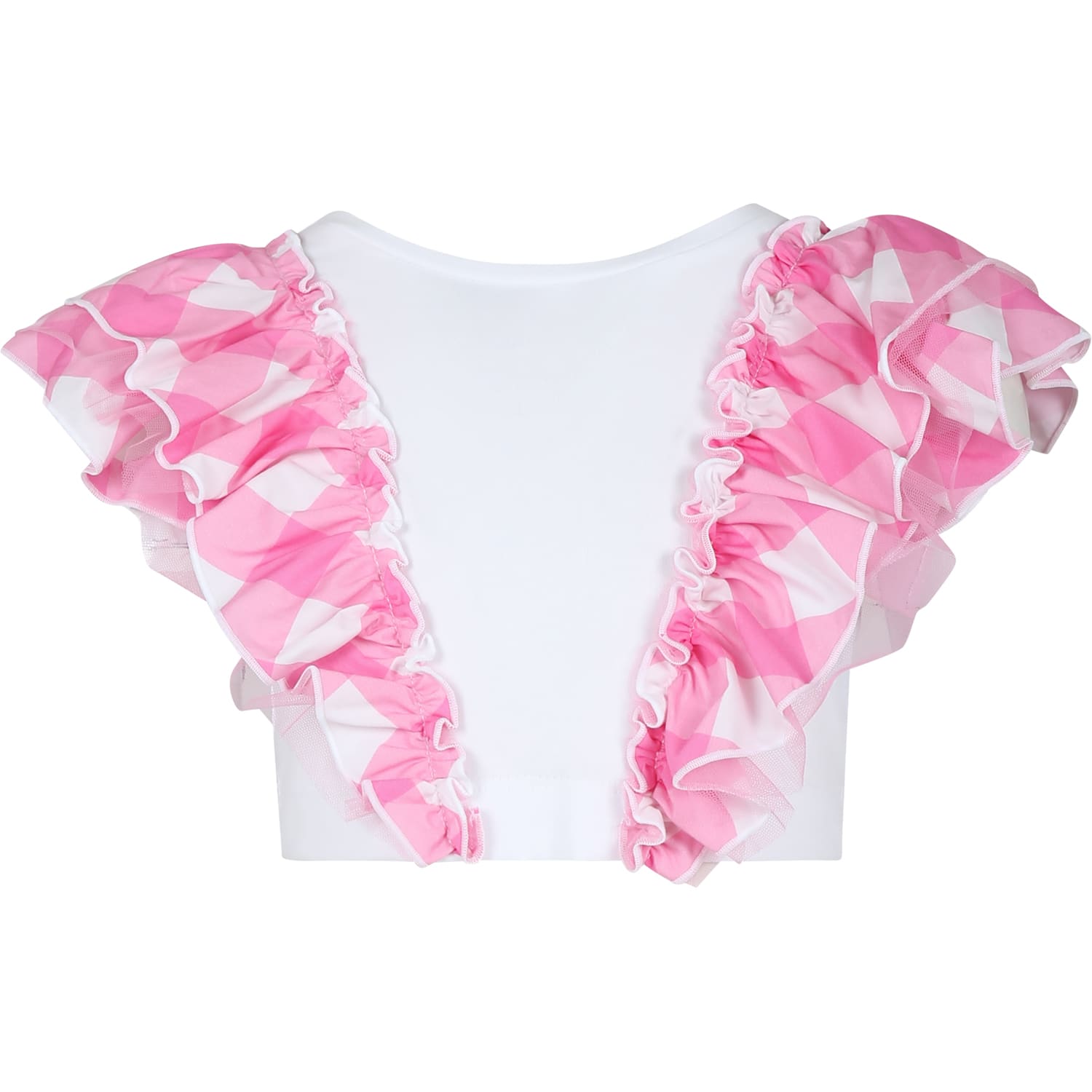 Shop Monnalisa White Crop T-shirt For Girl With Vichy Print And Tulle