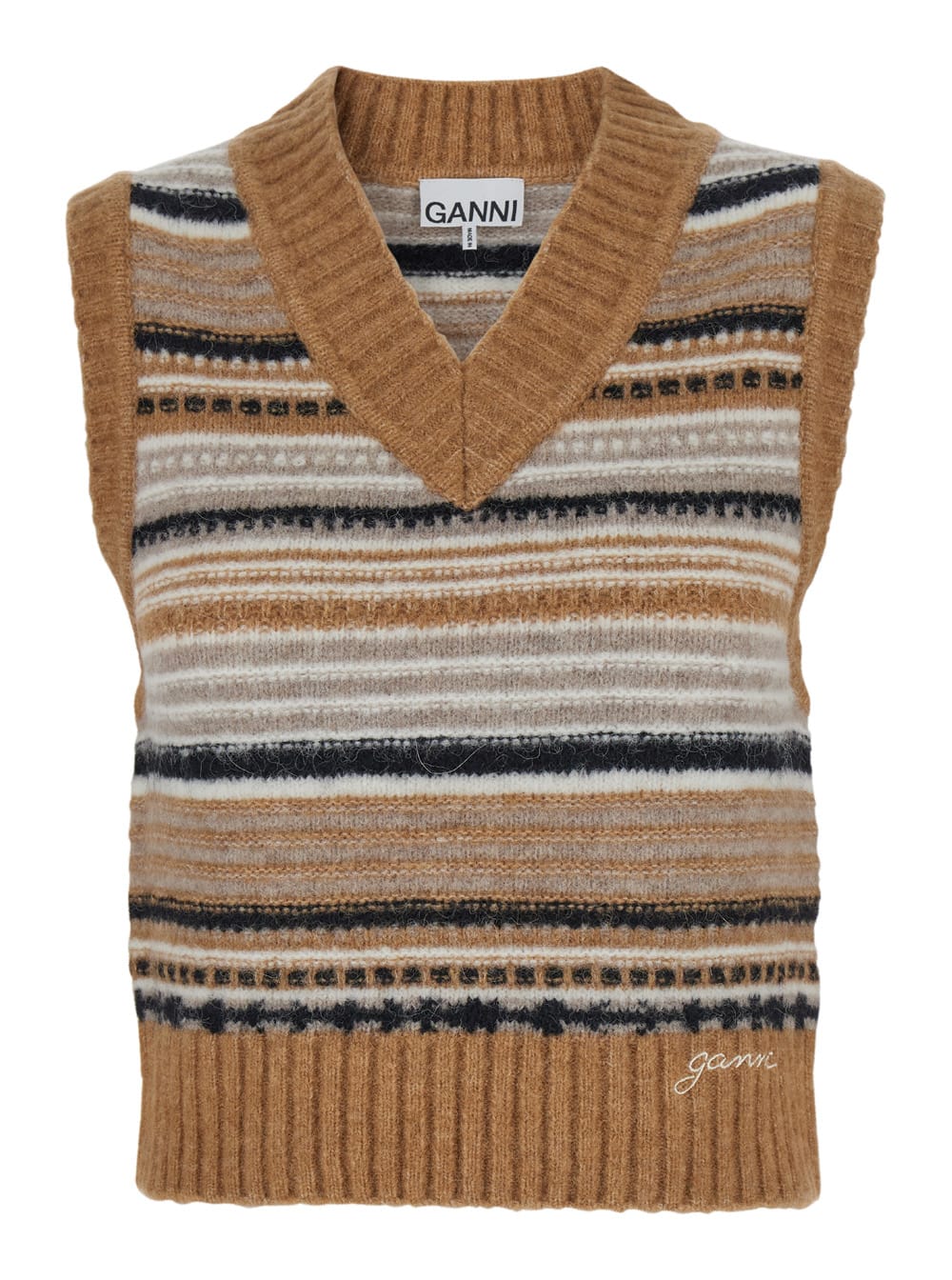 Shop Ganni Multicolor Knit Vest With Stripe Motif In Wool Woman