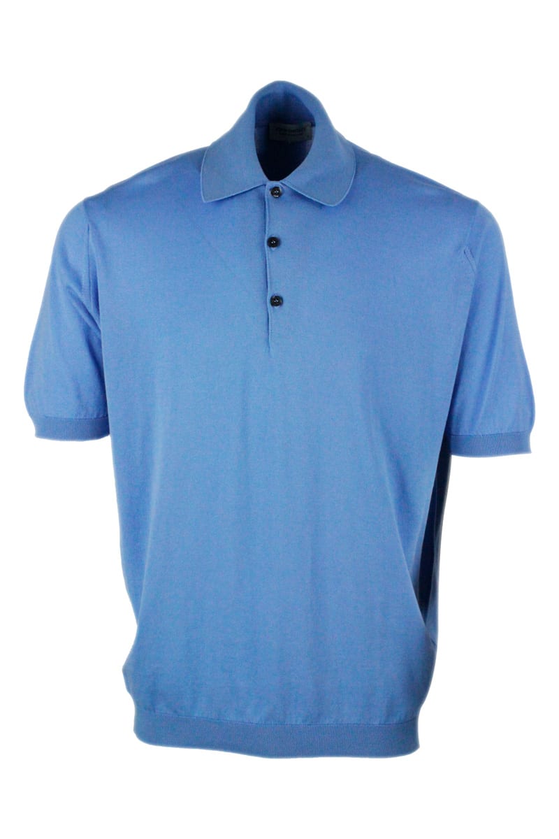 Shop John Smedley Short-sleeved Polo Shirt In Extra-fine Cotton Thread With Three Buttons In Blu Clear