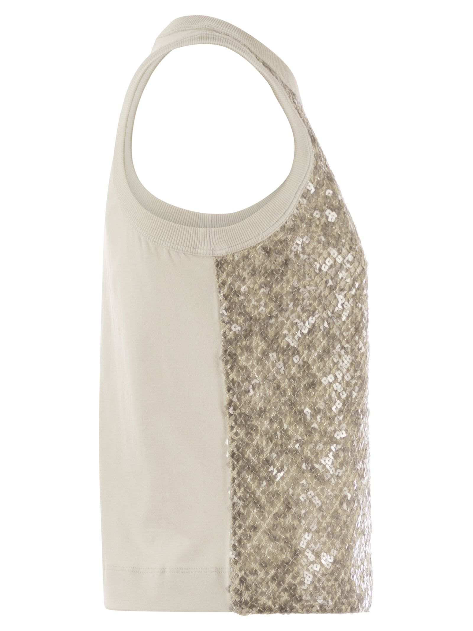 Brunello Cucinelli Stretch Cotton Jersey Top With Dazzling Net Embroidery In Light Beige