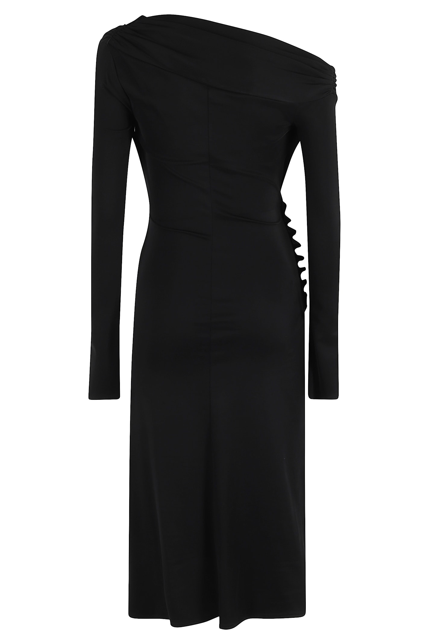 Elisabetta Franchi Draped Midi Dress With Jeweled Side Buttons In Black