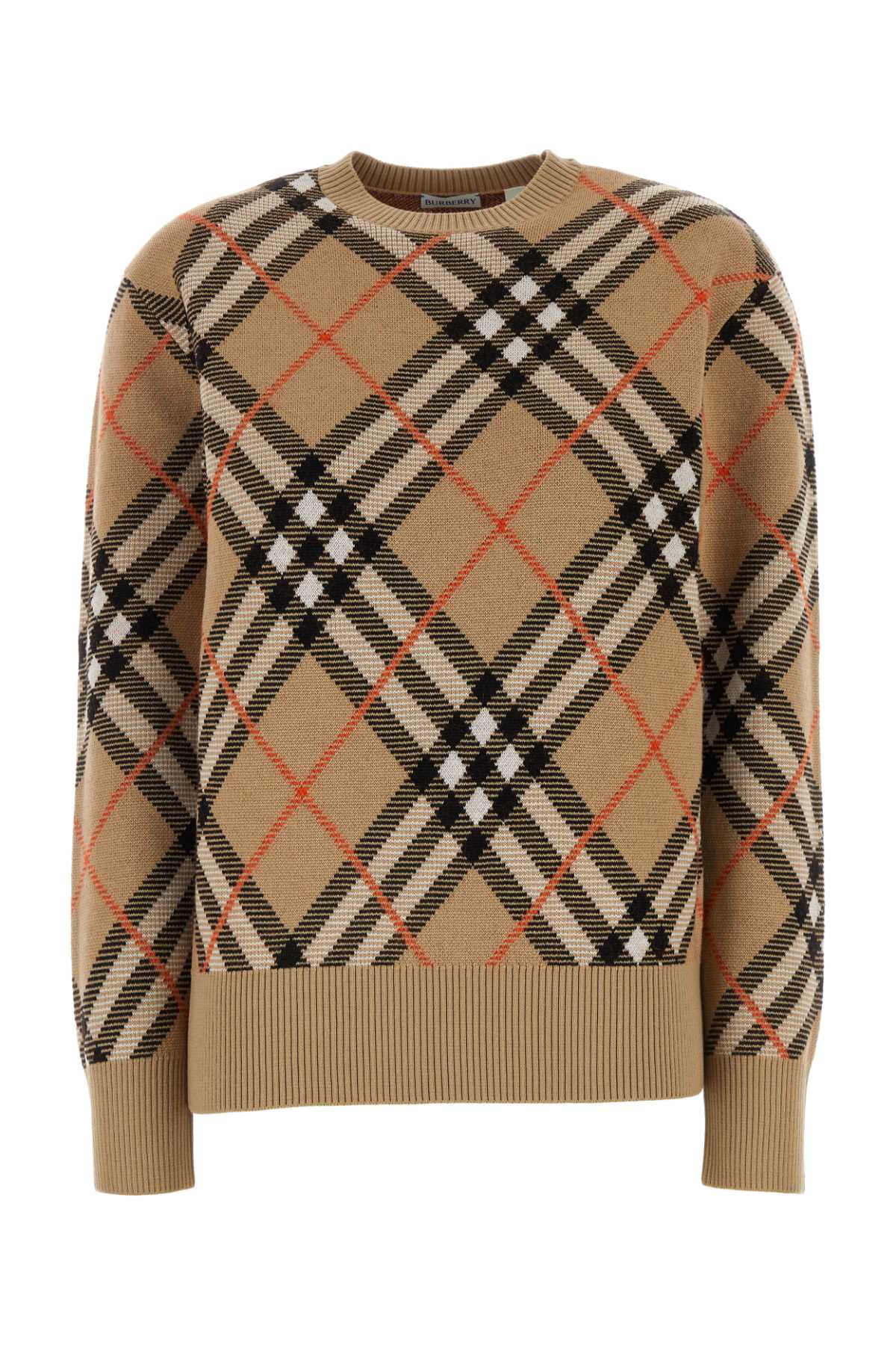 Shop Burberry Embroidered Stretch Wool Blend Sweater In Sandipcheck