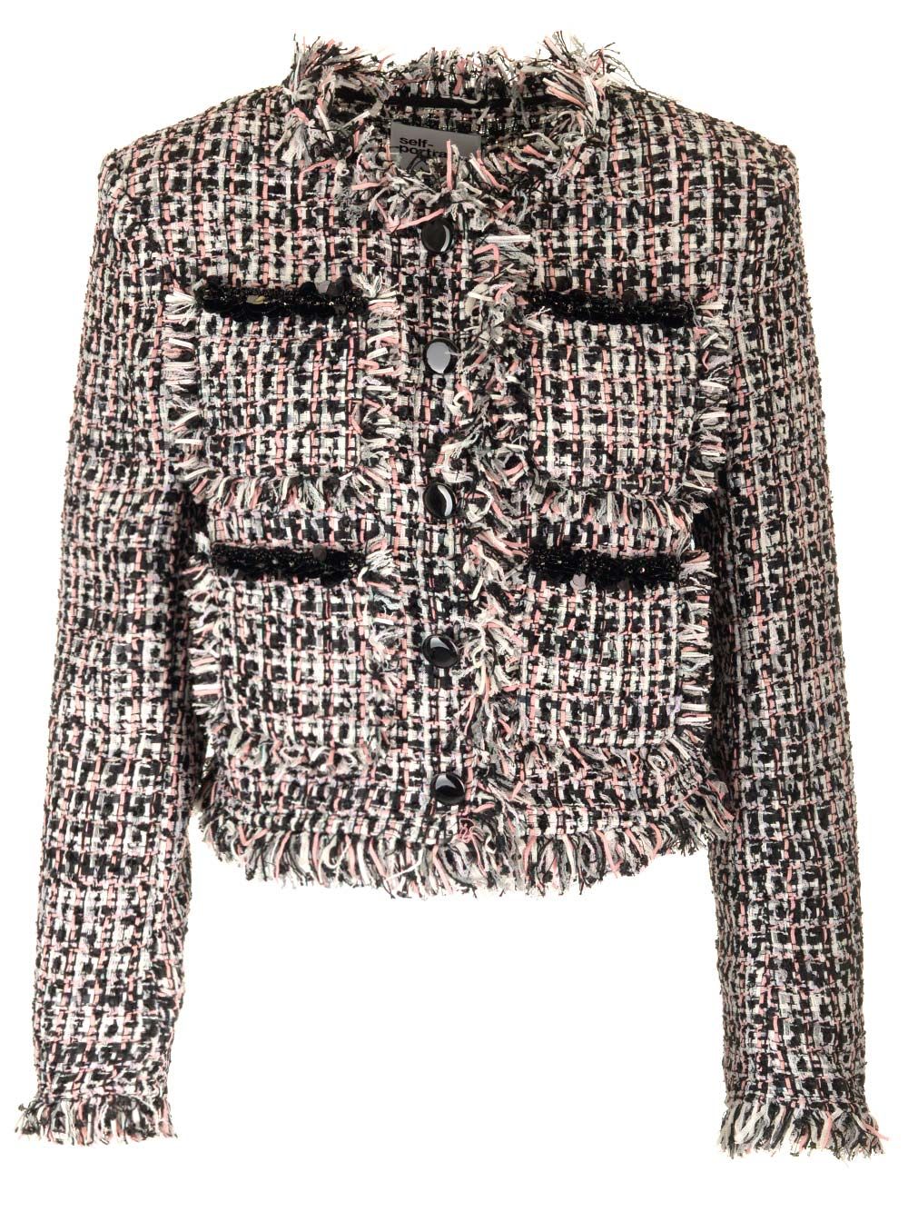 Shop Self-portrait Tweed Cropped Jacket In Black