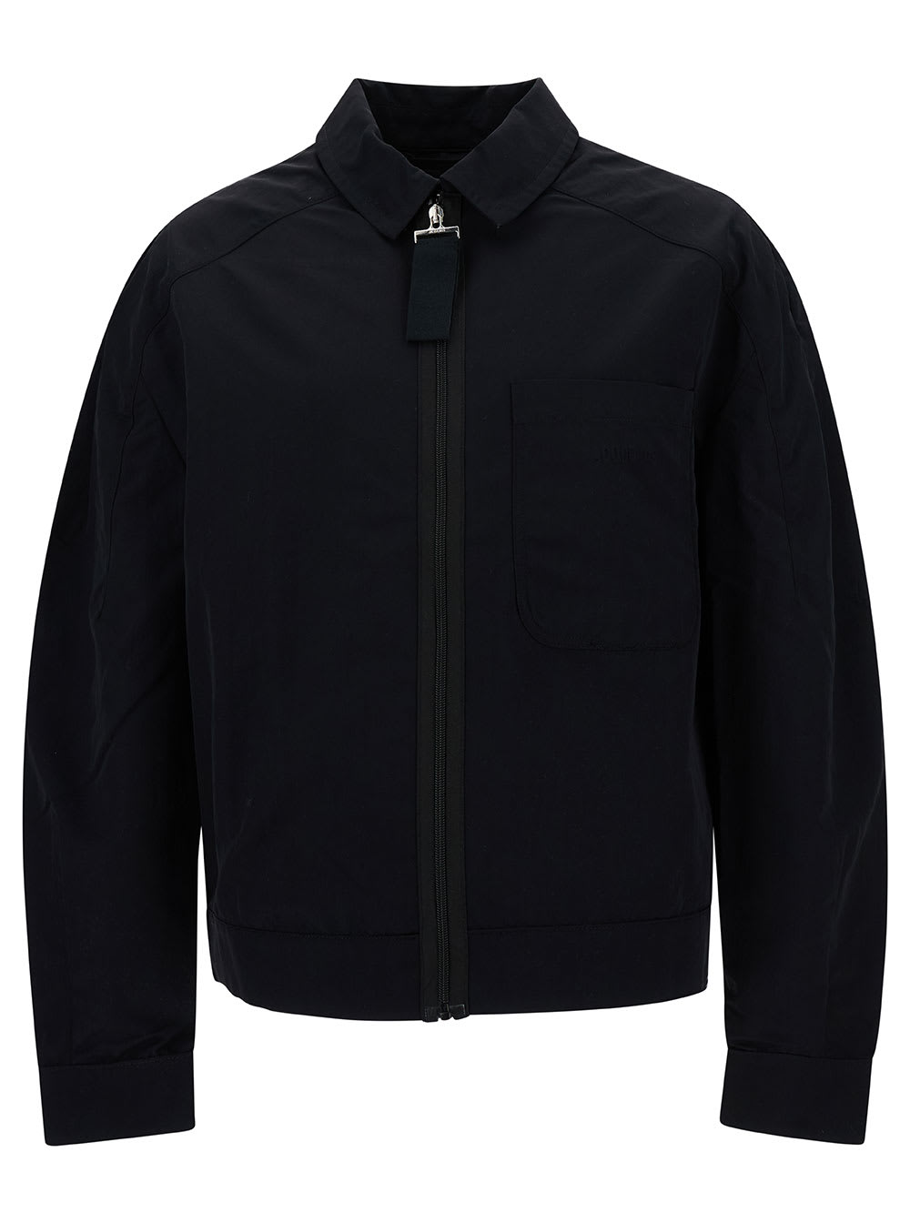 JACQUEMUS BLACK ZIP-UP JACKET WITH TONAL LOGO EMBROIDERY IN POLYAMIDE MAN