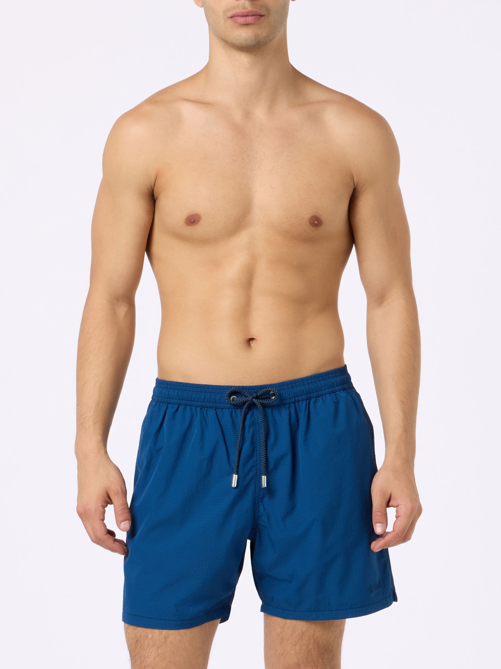 Shop Mc2 Saint Barth Man Seersucker Swim Shorts Patmos In Blue