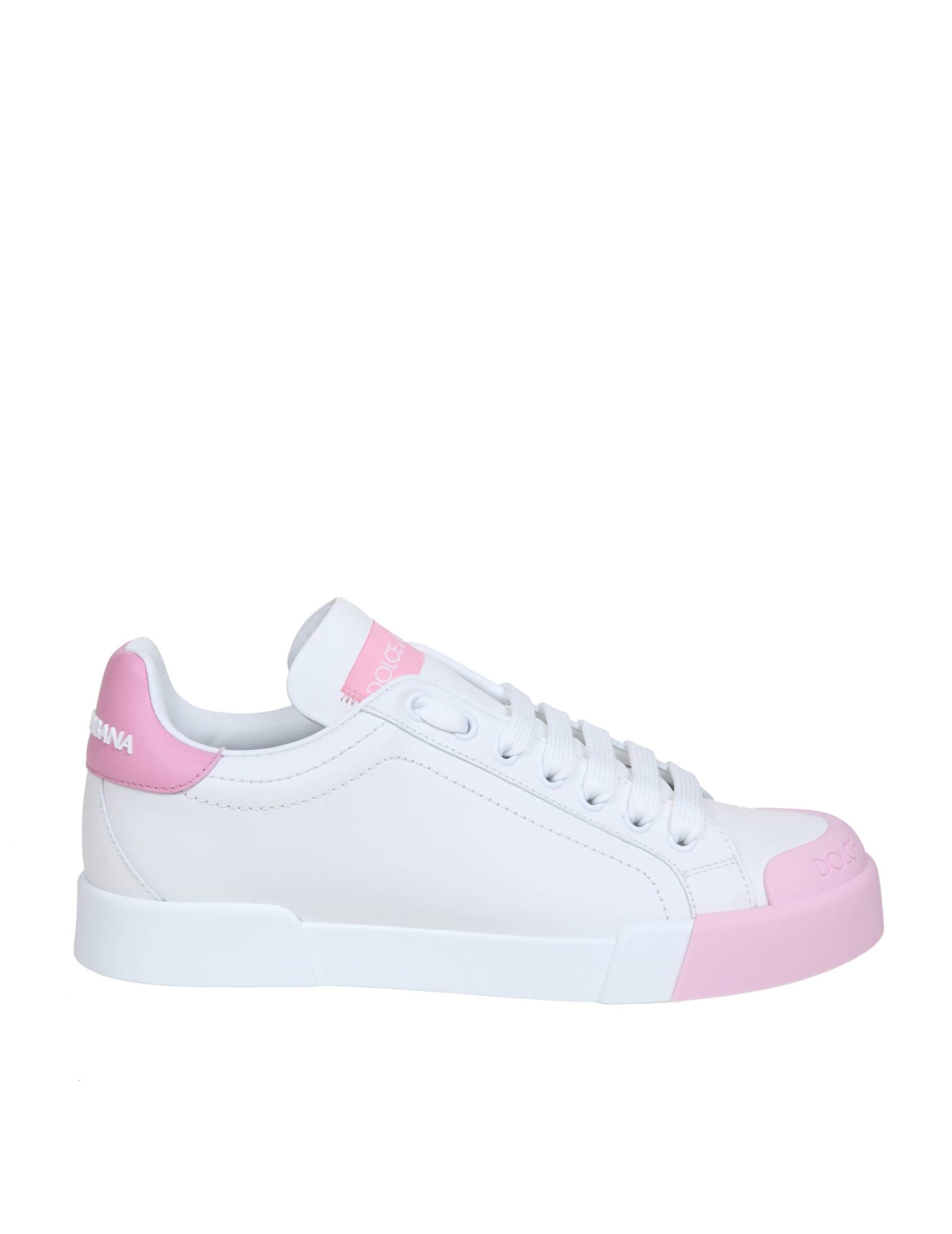 Buy Dolce & Gabbana Portofino Sneakers In White And Pink Leather online, shop Dolce & Gabbana shoes with free shipping