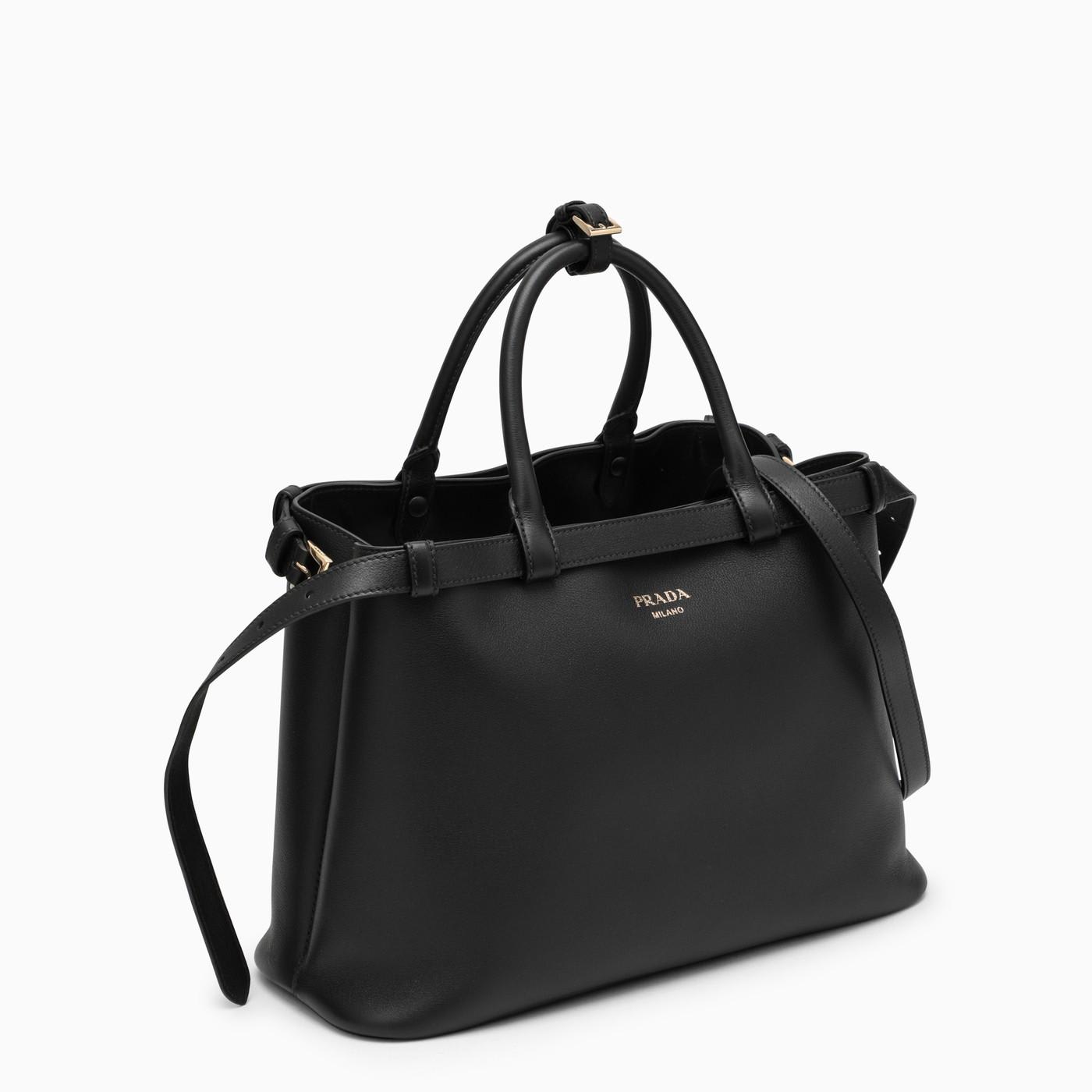 Shop Prada Black Medium Leather Handbag With Belt In Nero