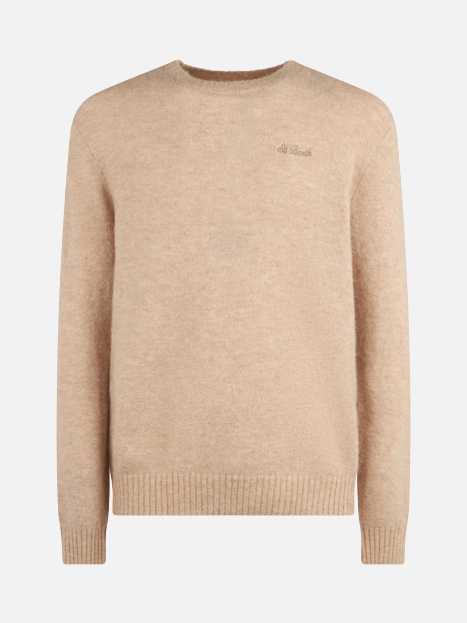 MC2 SAINT BARTH MAN BEIGE STRETCH ALPACA SWEATER WITH ST. BARTH EMBROIDERY