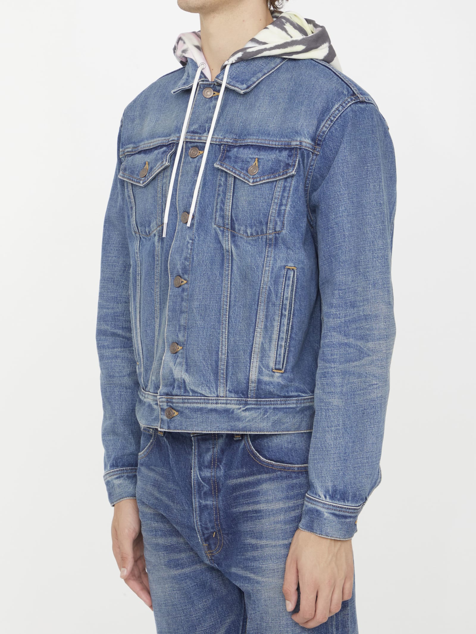 Shop Celine Denim Jacket With Tie-dye Hood