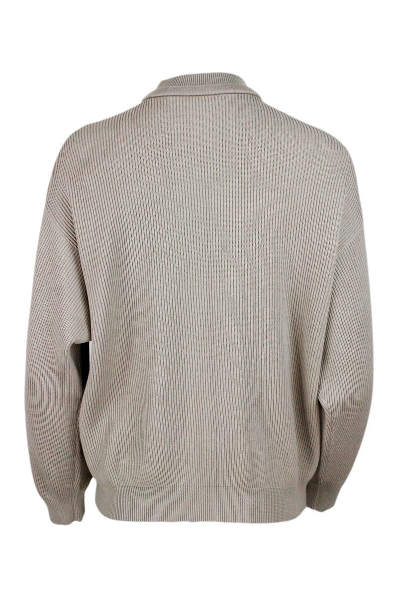 Shop Brunello Cucinelli Half English Rib Full Zip Crew Neck Sweater With Neck Ties With Tonal Monili In Beige