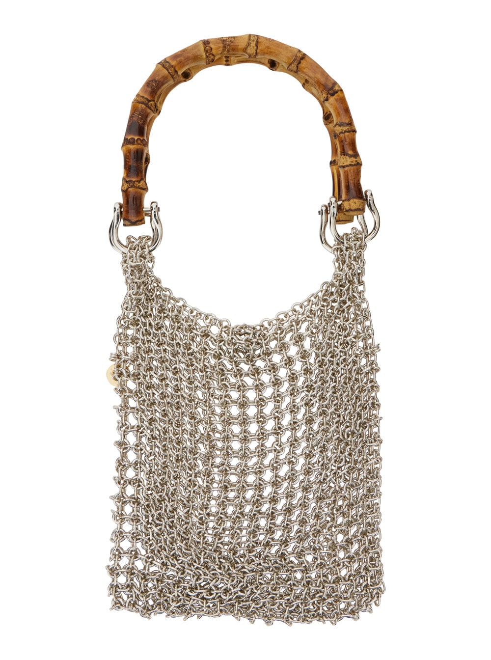 bamboo Silver Colored Handbag With Metallic Mesh And Bamboo Handle In Aluminum Woman