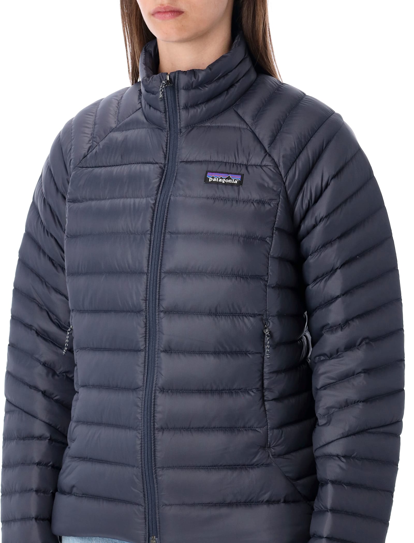 Patagonia Hooded Padded Jacket With Quilted Design And Side Pockets In Blue