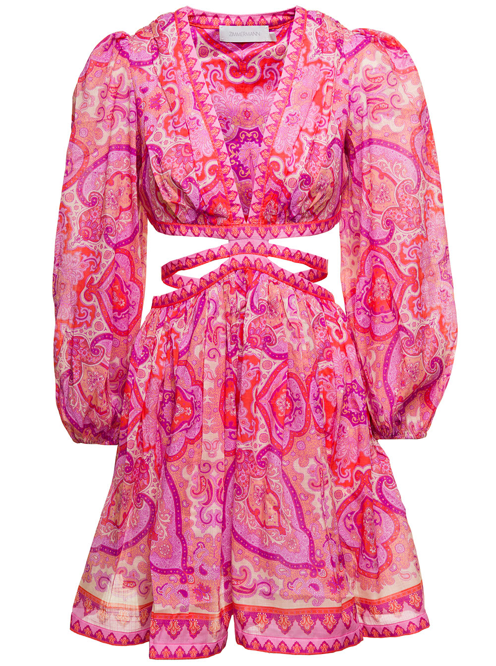 ZIMMERMANN ALCYON MINI PINK DRESS WITH CUT-OUT AND PAISLEY PRINT IN COTTON WOMAN