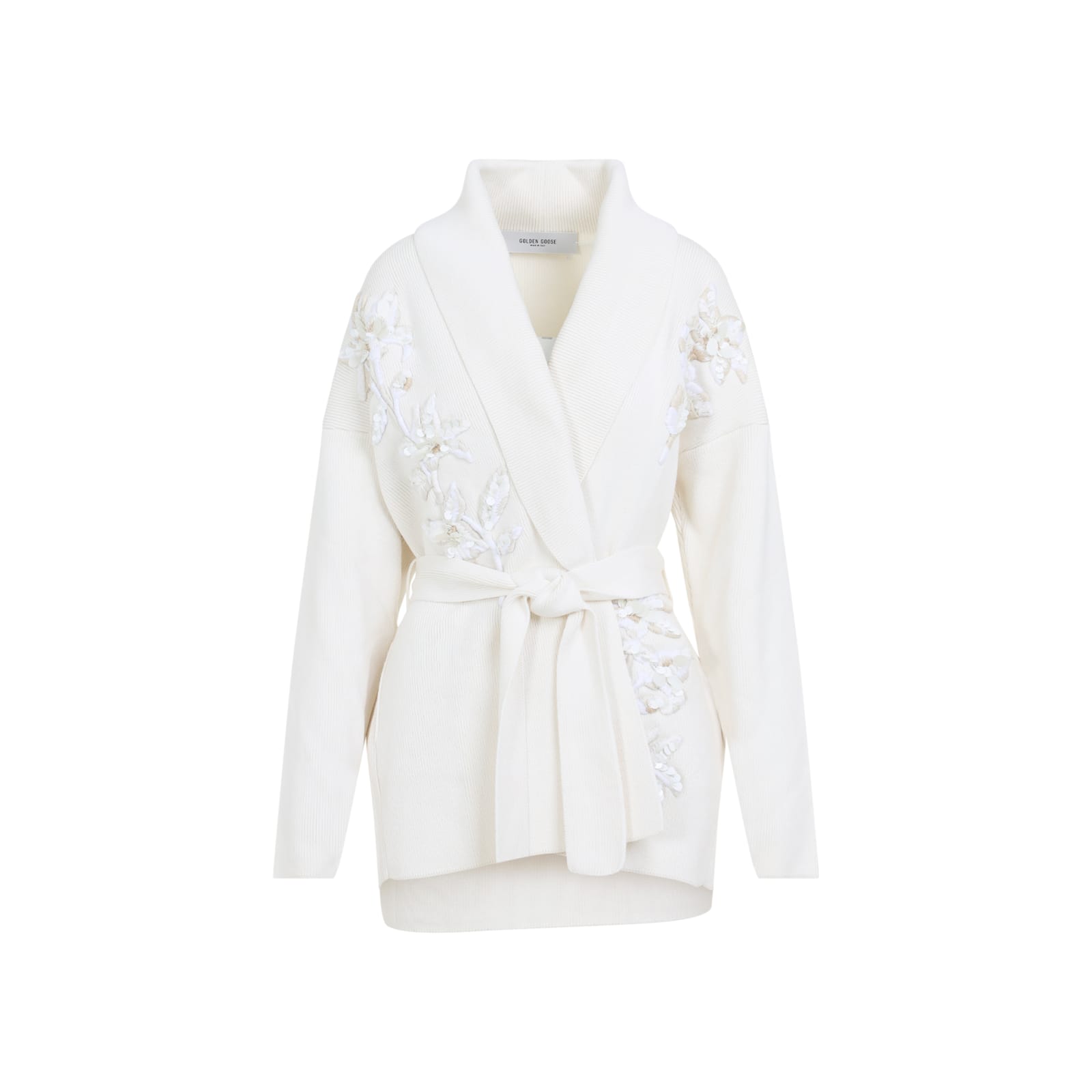 Golden Goose Shawl Collar Cardigan With Floral Embroidery And Self-tie Belt In Neutral