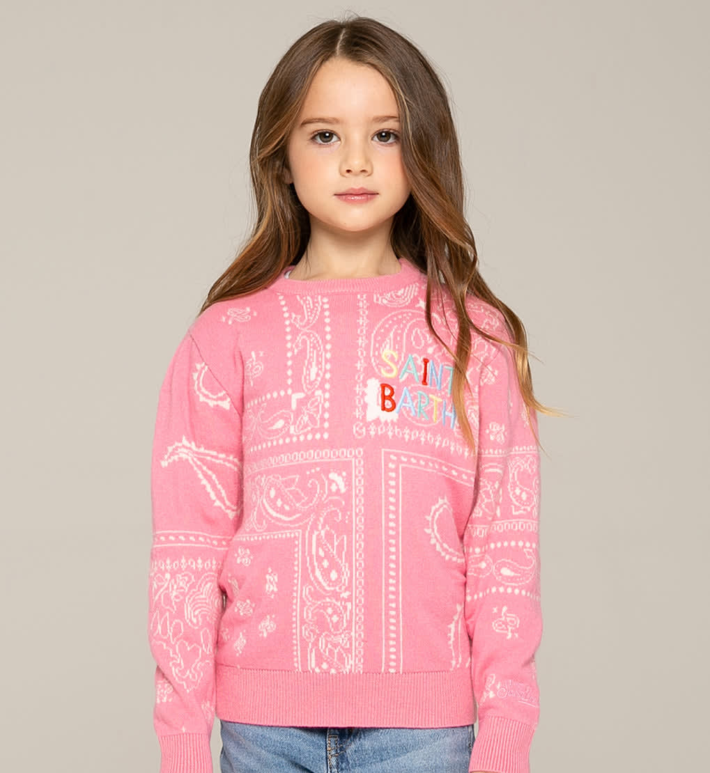 Mc2 Saint Barth Kids' Bandanna Print Girl Sweater With Saint Barth Embroidery In Pink