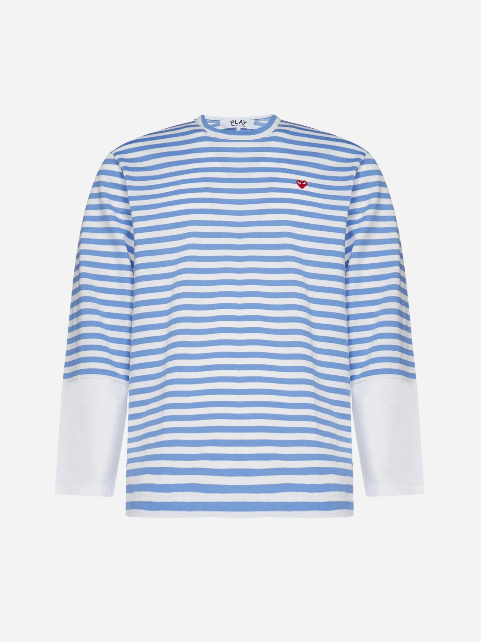 Comme Des Garçons Logo-patch Striped Cotton T-shirt In Blue/white