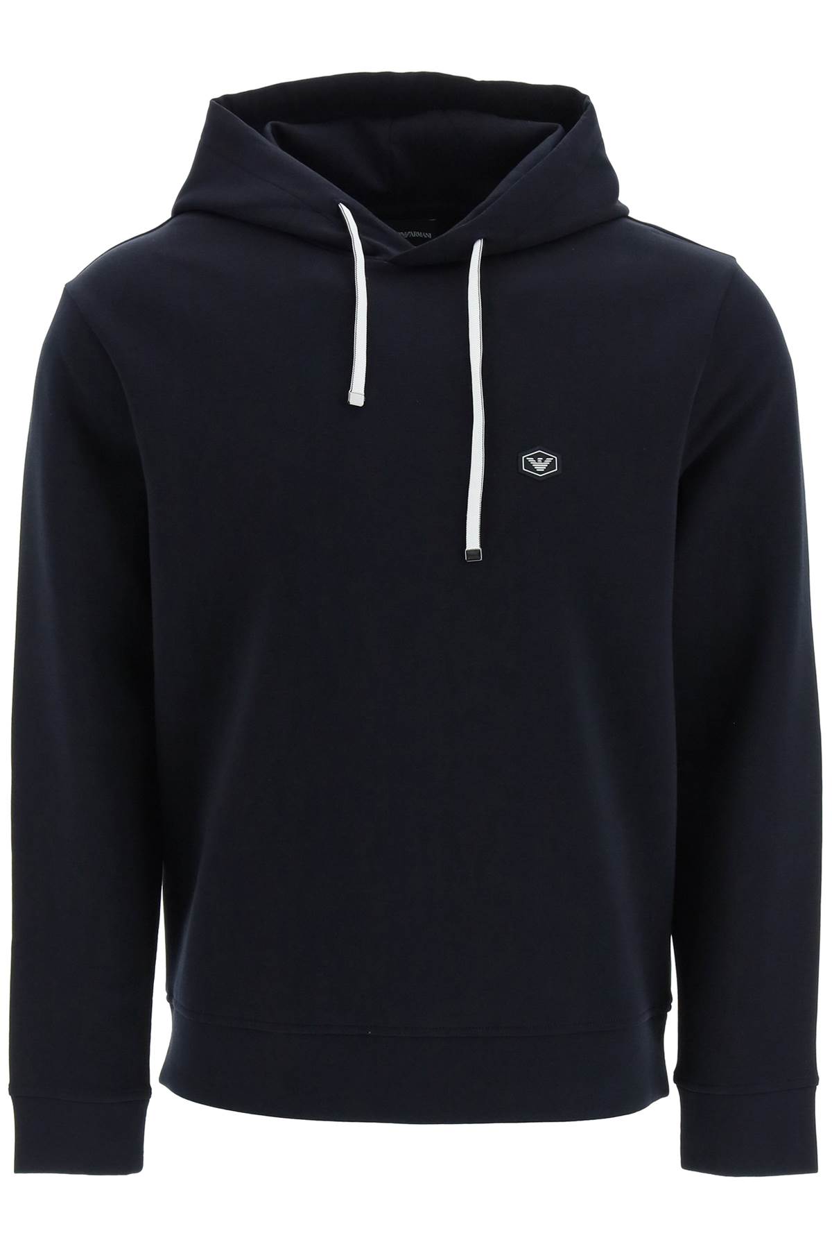 Emporio Armani Ribbed Navy Cotton Hoodie With Drawstring In Blu Navy (blue)