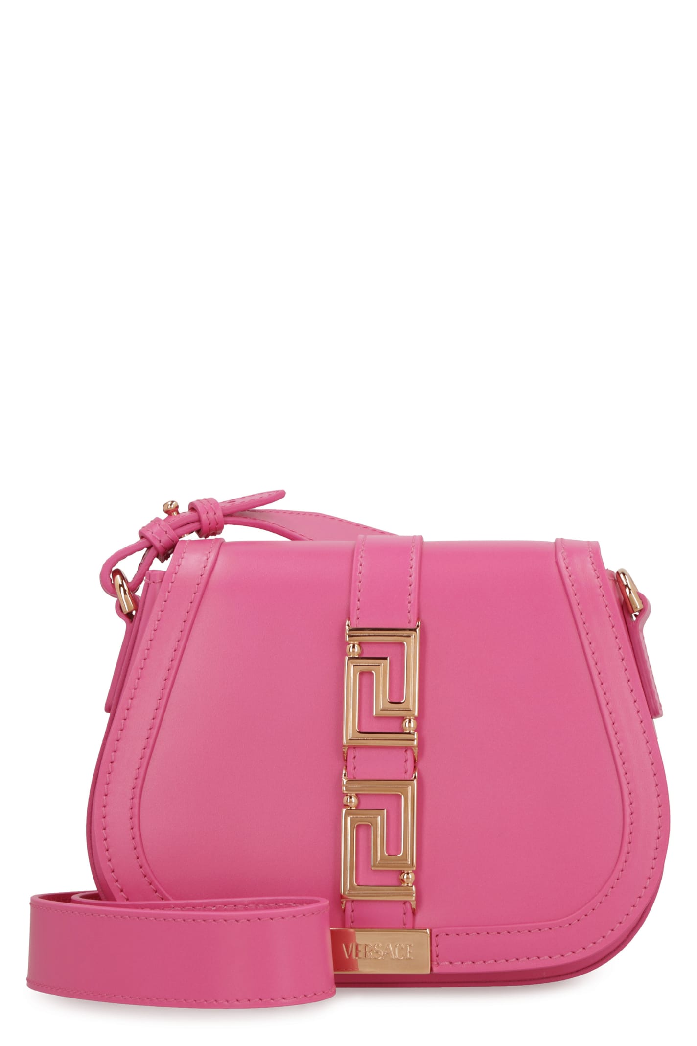 Shop Versace Greca Goddess Leather Shoulder Bag In Fuchsia