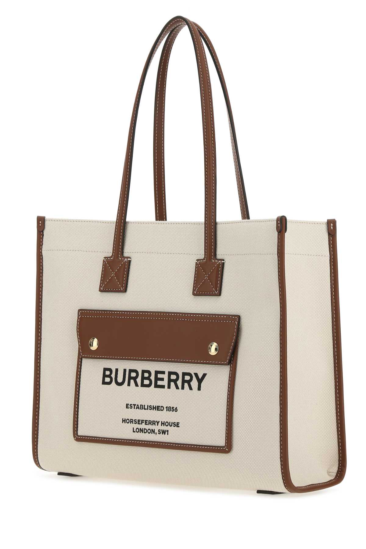 Shop Burberry Ivory Canvas Freya Shopping Bag In A1395