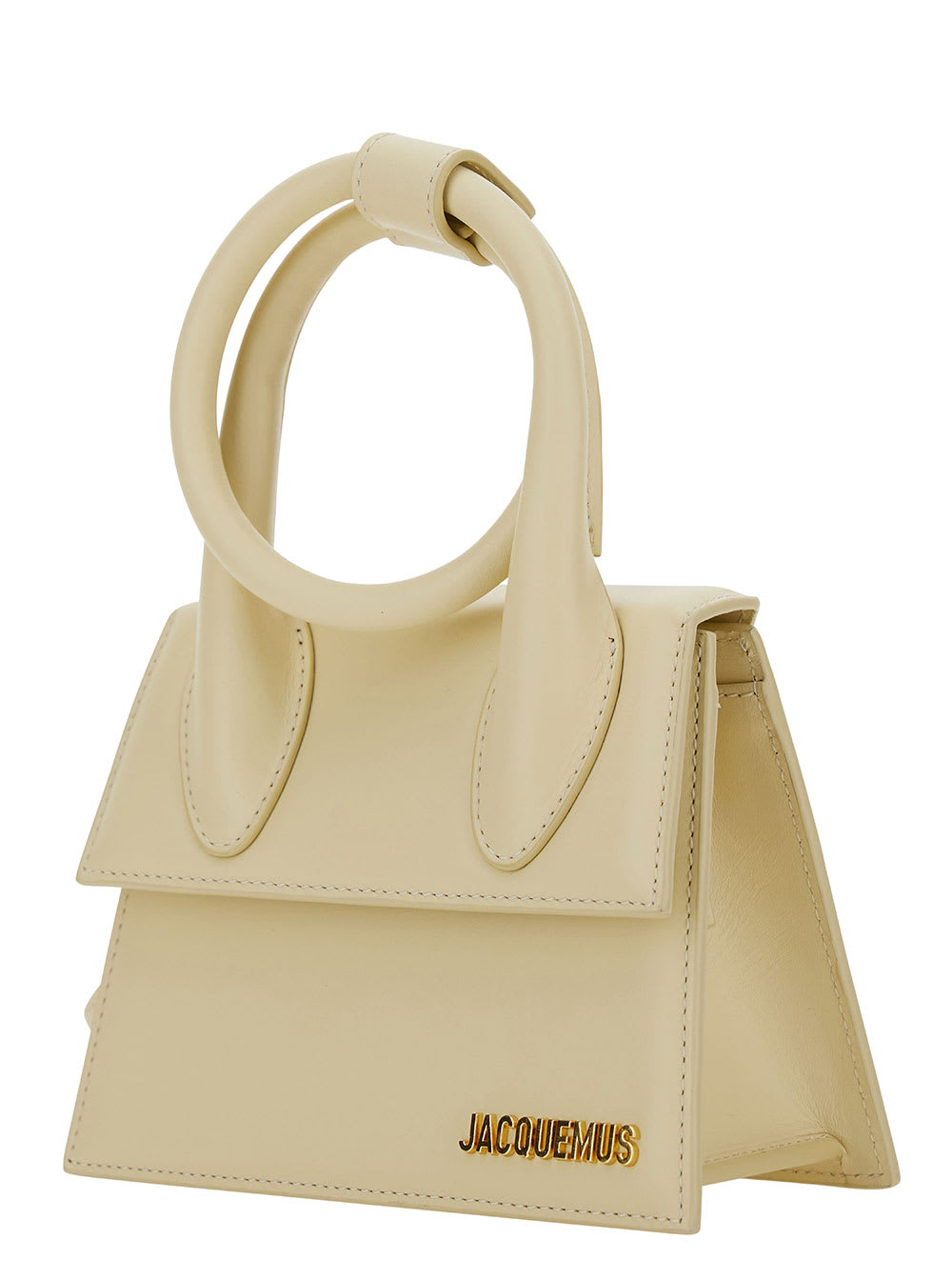 Shop Jacquemus Le Chiquito Noeud Ivory Crossbody Bag With Logo In Leather Woman In Beige