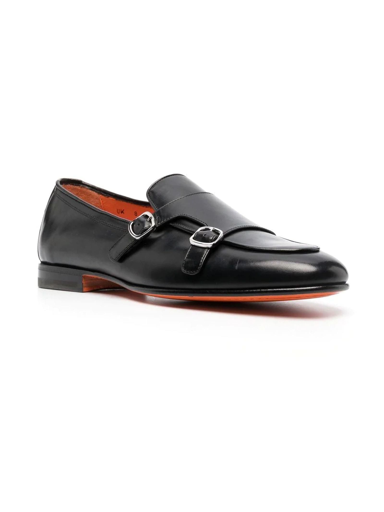 Shop Santoni Black Leather Monk Loafers